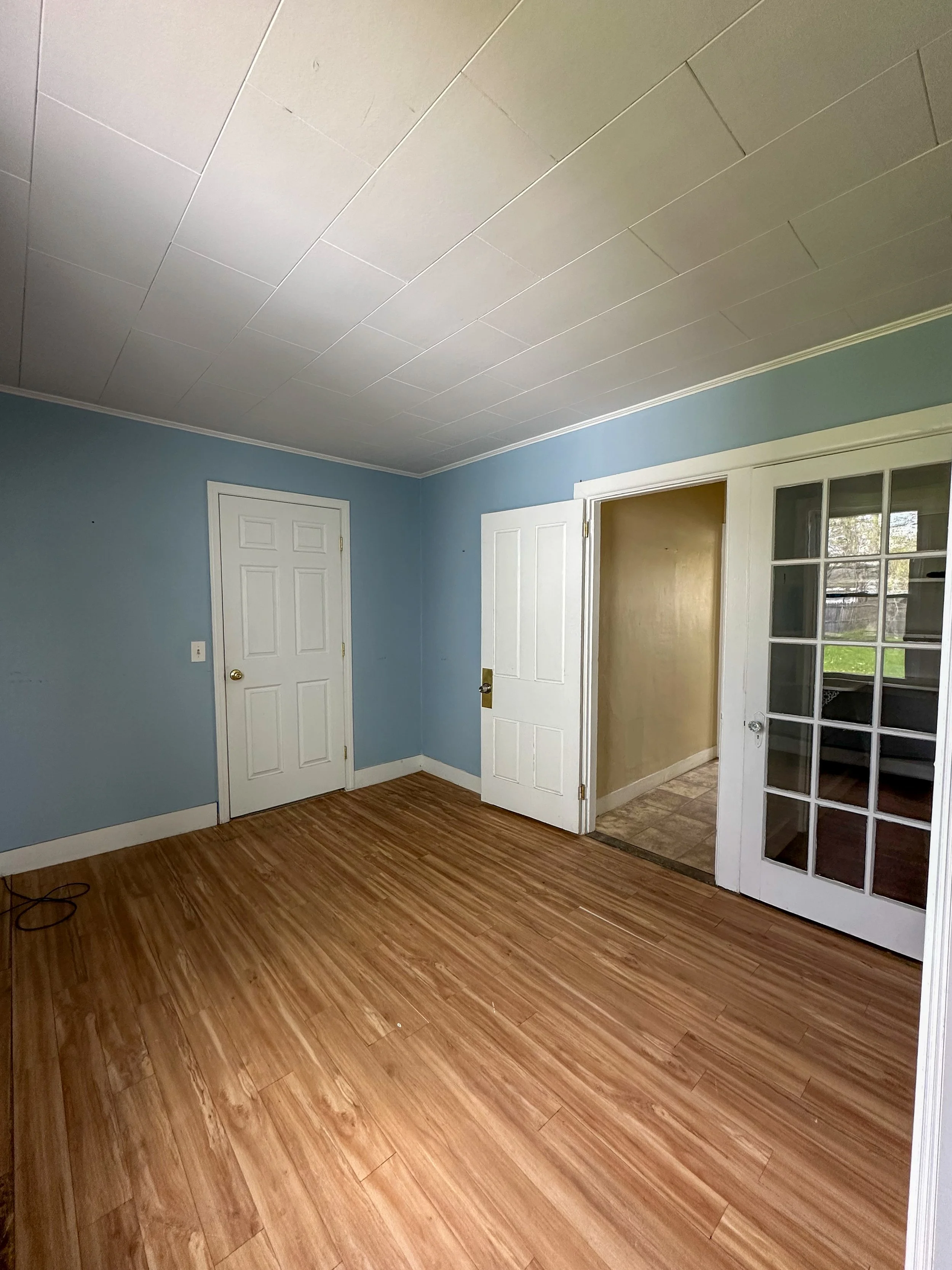 Empty room with wooden flooring, blue walls, white door, and a room with a glass-paned door leading outside.