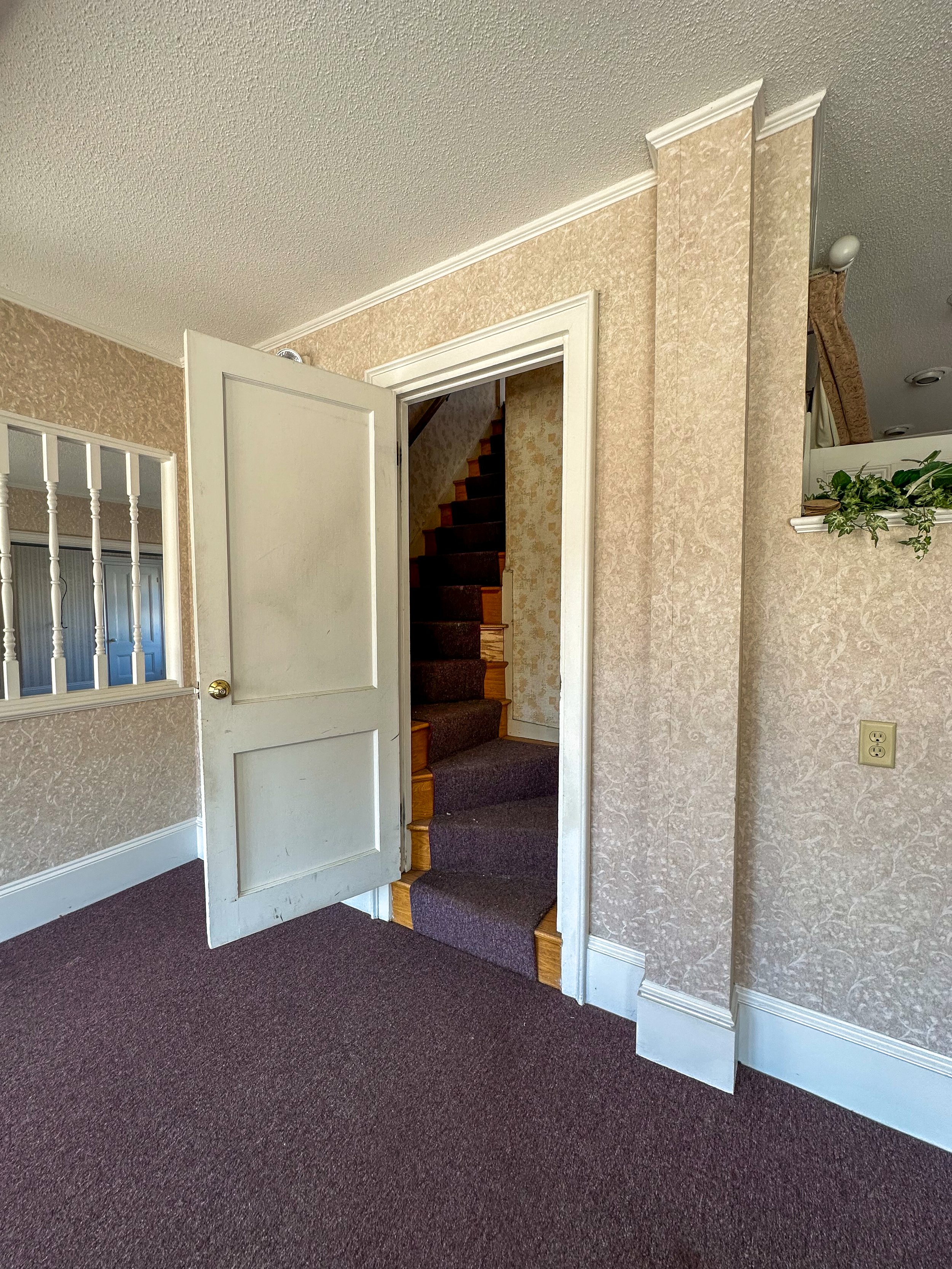 Interior view of a home with patterned wallpaper, a staircase leading upstairs, and a cabinet with plants on a shelf.