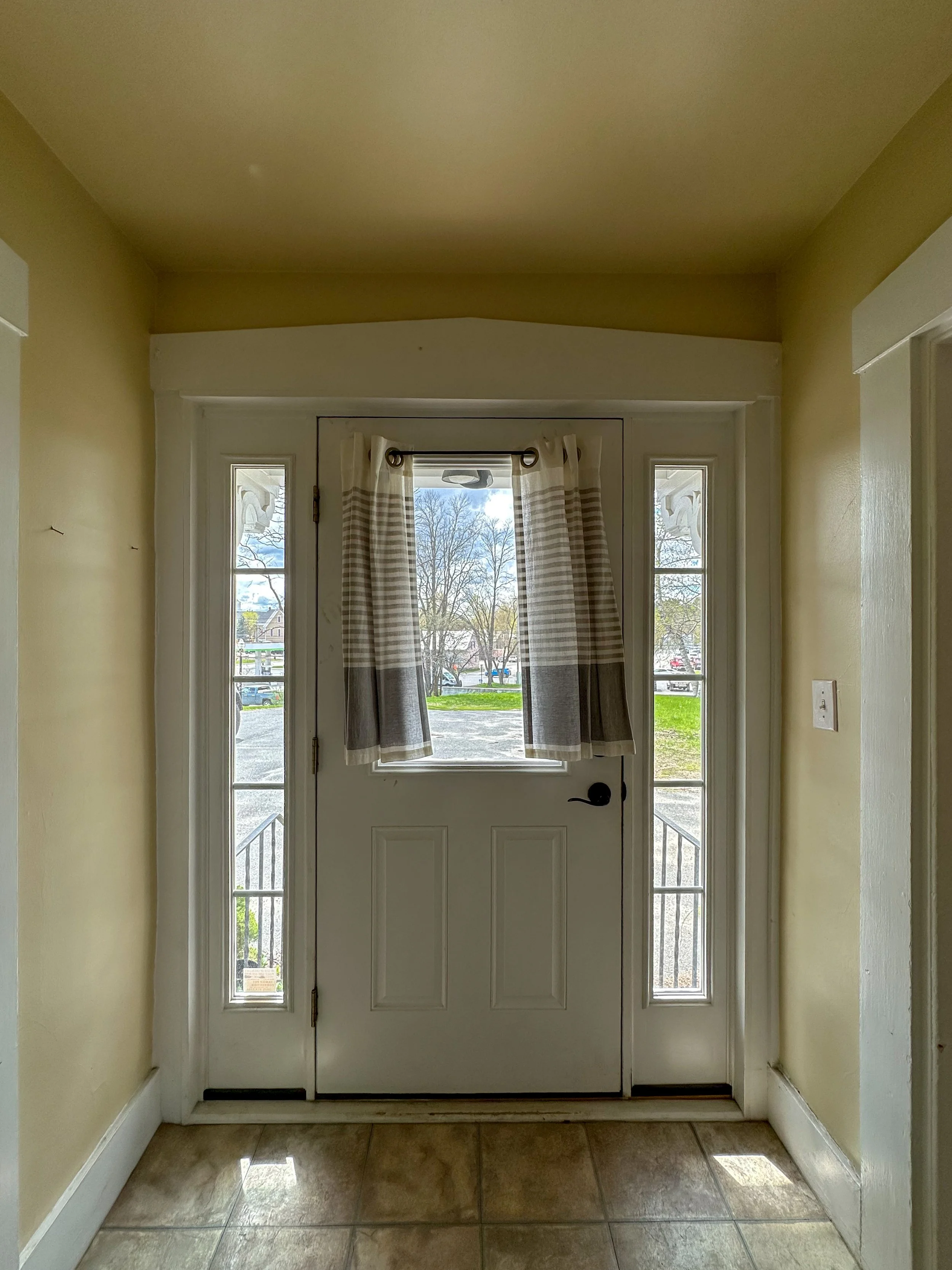 View of a white front door with glass panels on each side, curtains on the top half of the door, and a view of a street and trees outside.