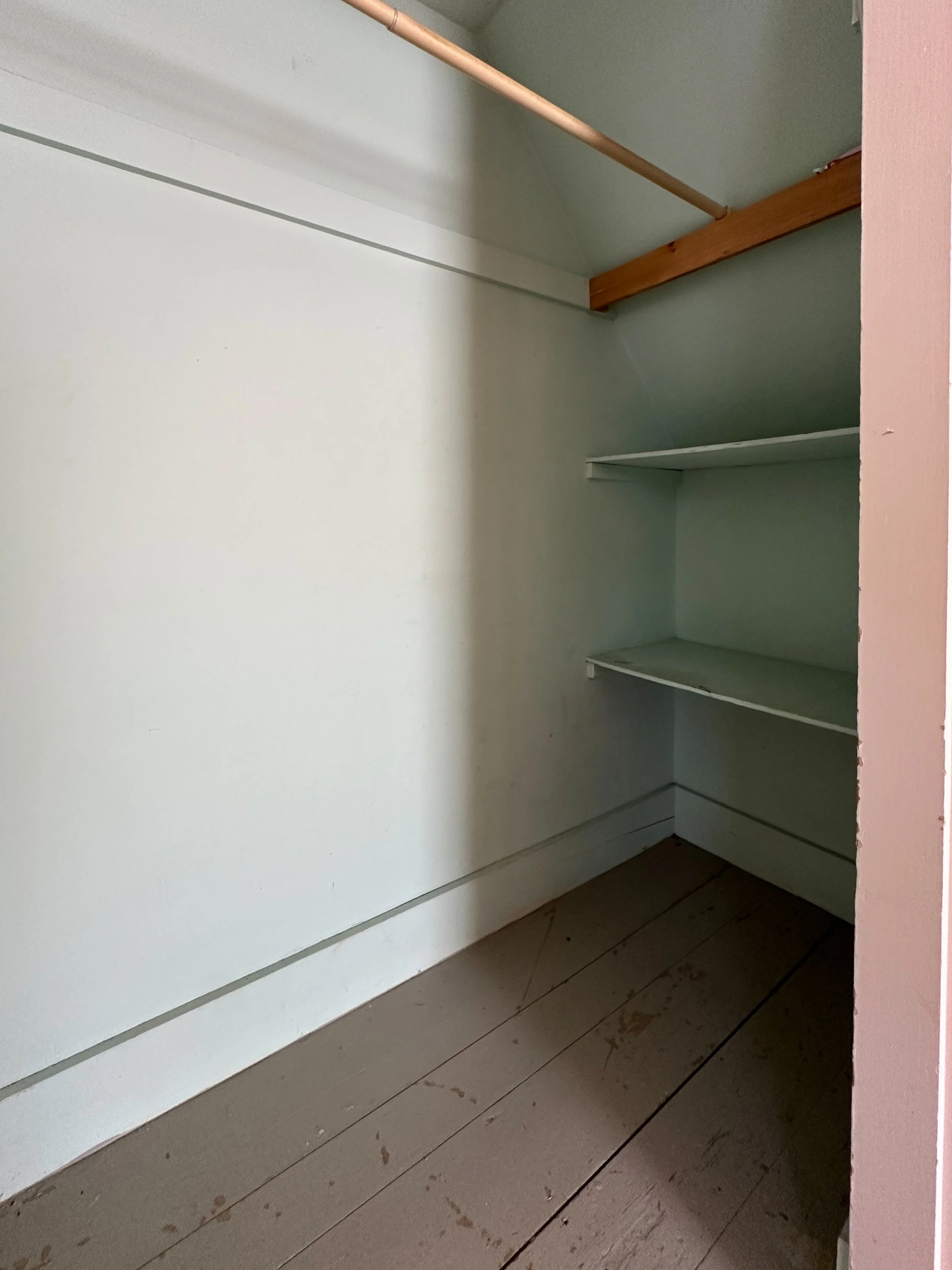 Empty closet with white shelves and a clothing rod, wooden flooring, and light green walls.