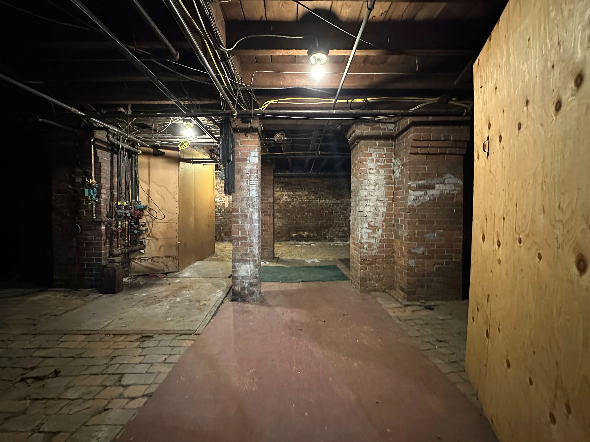 An unfinished basement with brick walls and wooden ceiling beams, illuminated by hanging lightbulbs, with pipes and wiring visible overhead, and a plywood partition on the right side.