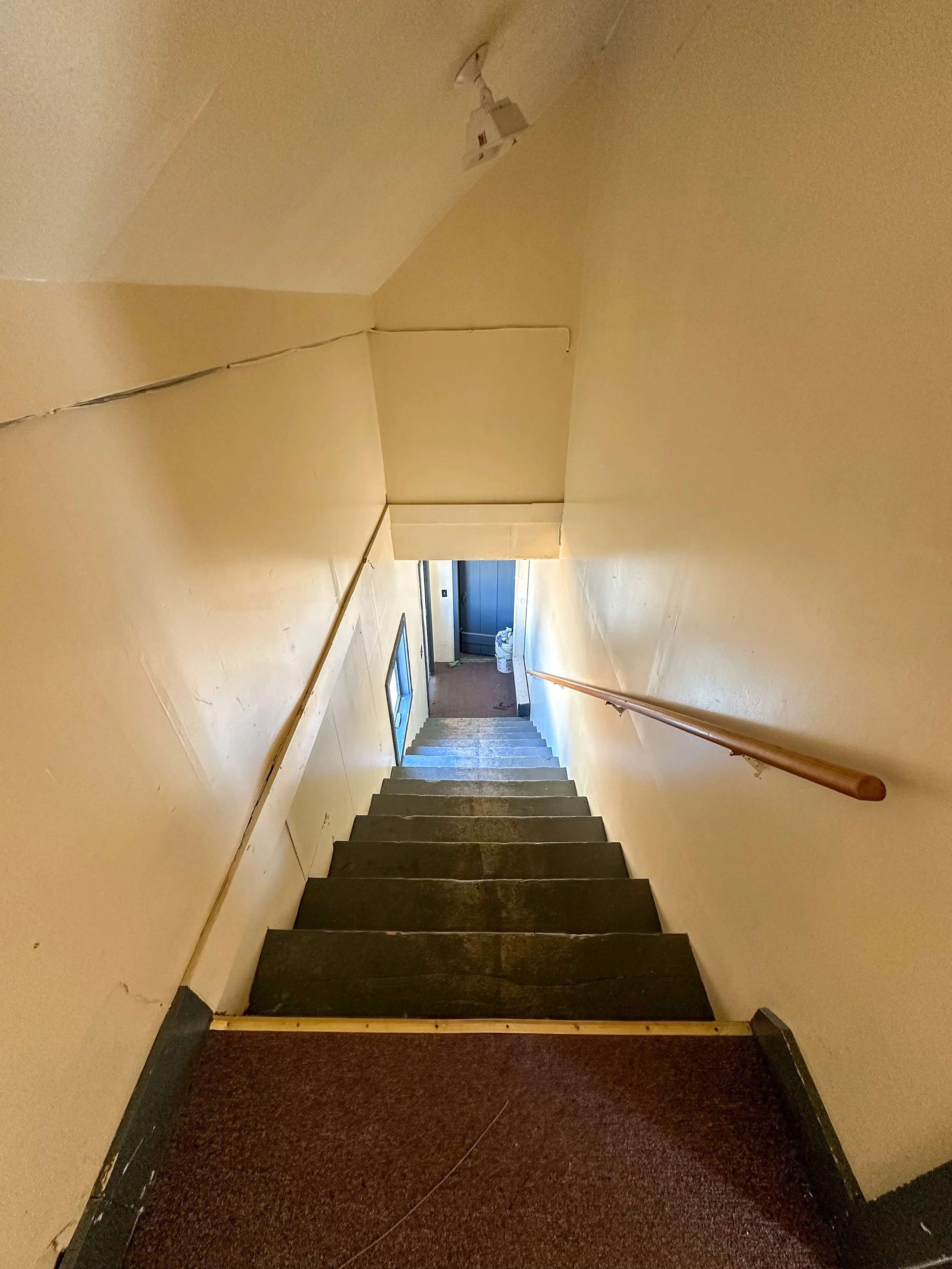 A staircase with dark carpeted steps and a wooden handrail on the right side, leading down to a door at the bottom with three small windows, in a narrow corridor with beige walls and a ceiling-mounted light fixture.