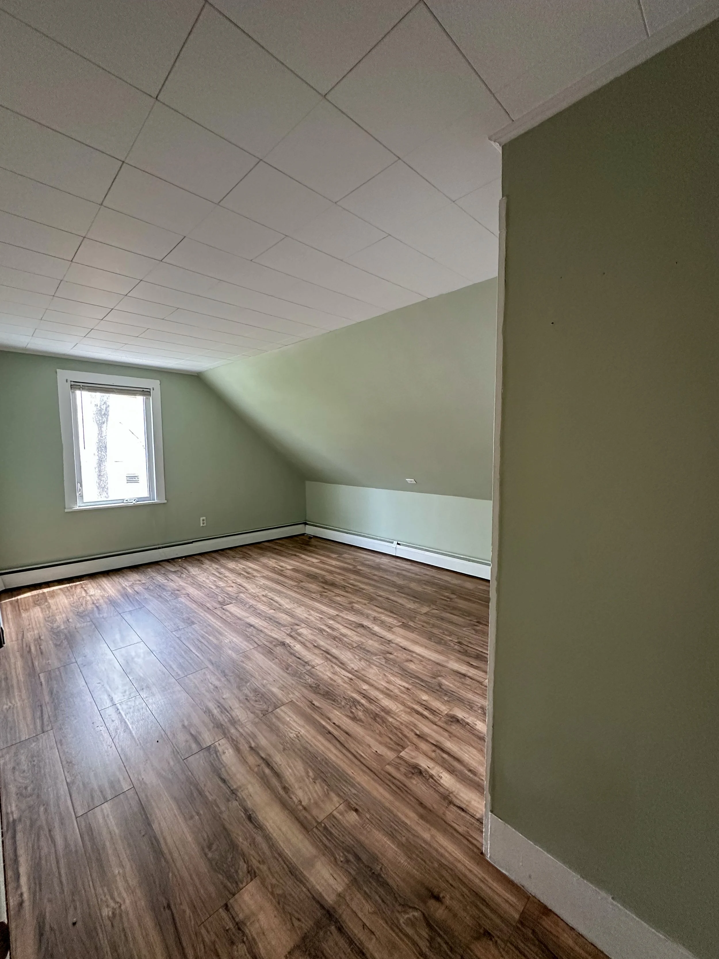 Empty room with green walls, wood laminate flooring, a window, and a sloped ceiling.