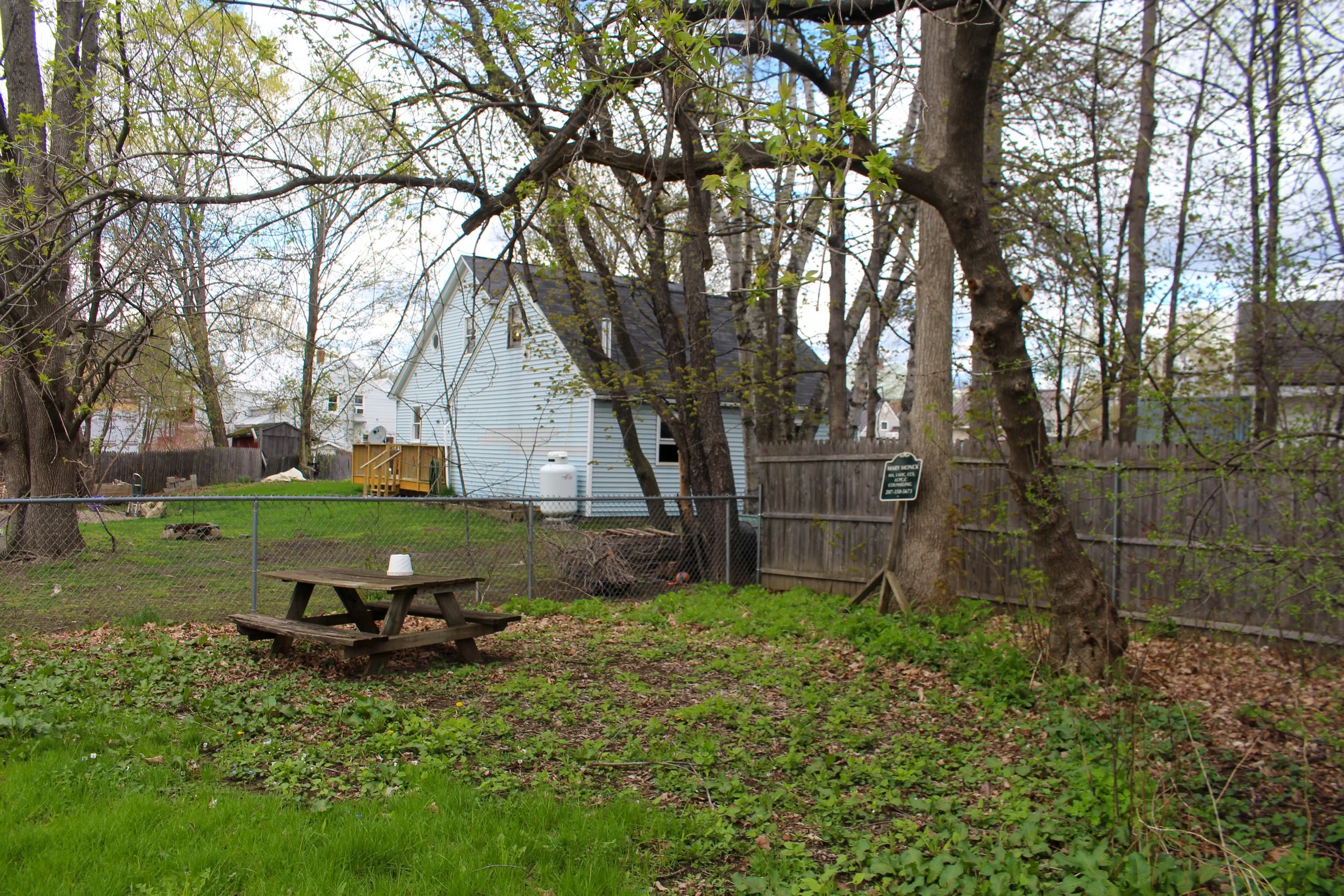 Backyard scene with trees, a wooden picnic table, a fence, and a house in the background.