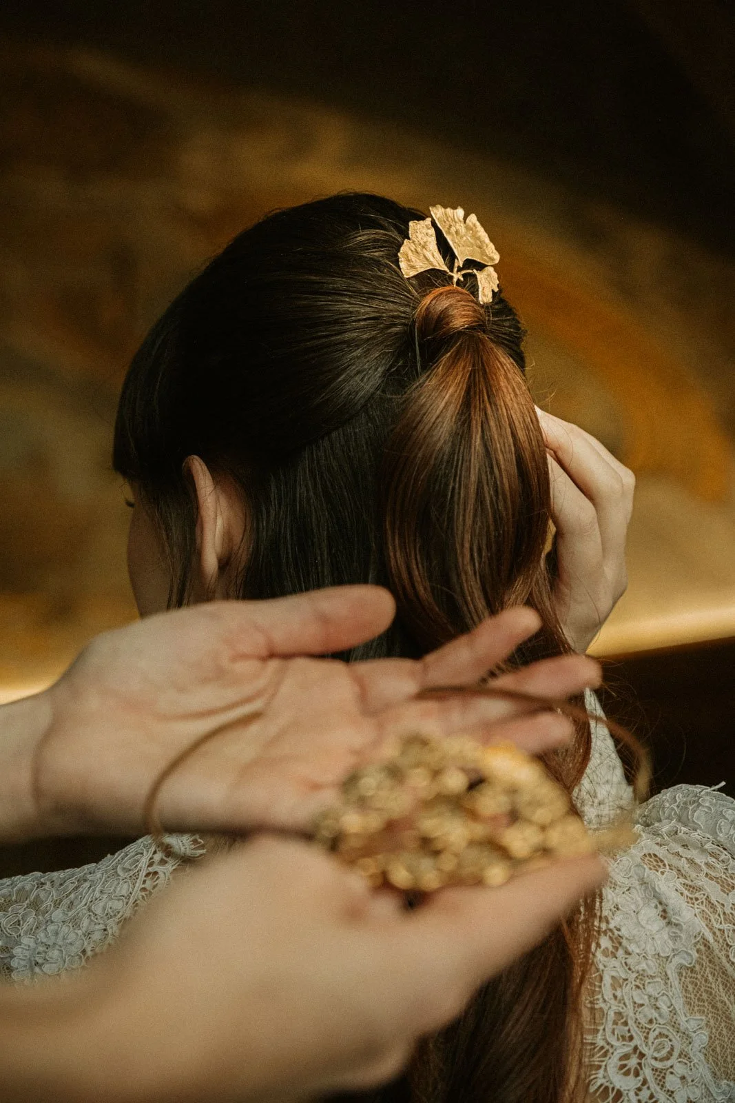Bridal hairstyle preparation for luxury wedding editorial shoot