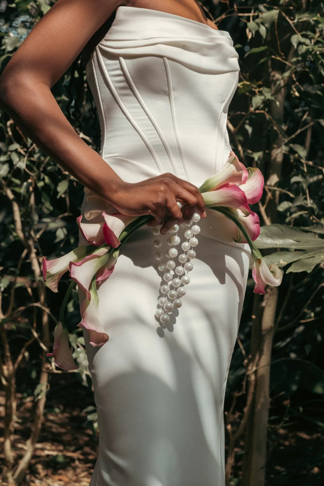 Close up bridal floral styling detail during editorial wedding photoshoot