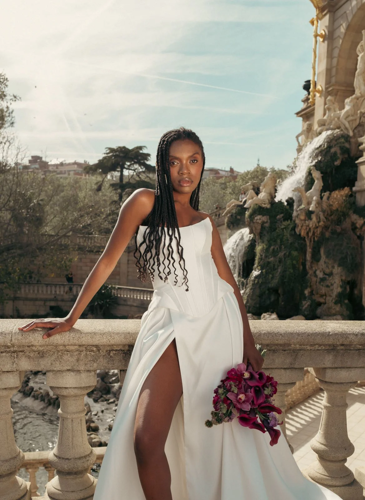 Luxury bridal fashion portrait photographed outdoors in Barcelona