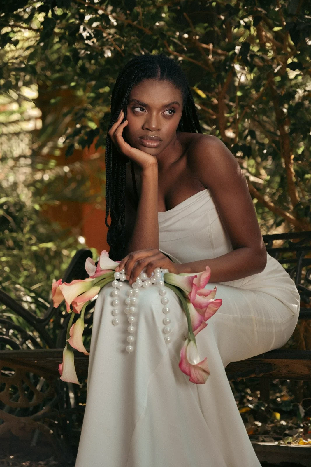 Bridal editorial portrait in tropical garden during luxury wedding shoot in Barcelona
