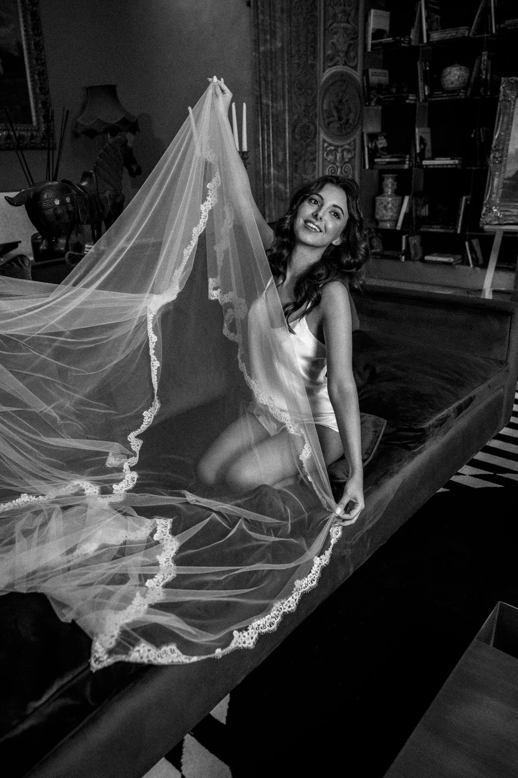 Artistic bridal portrait with veil during editorial wedding photoshoot