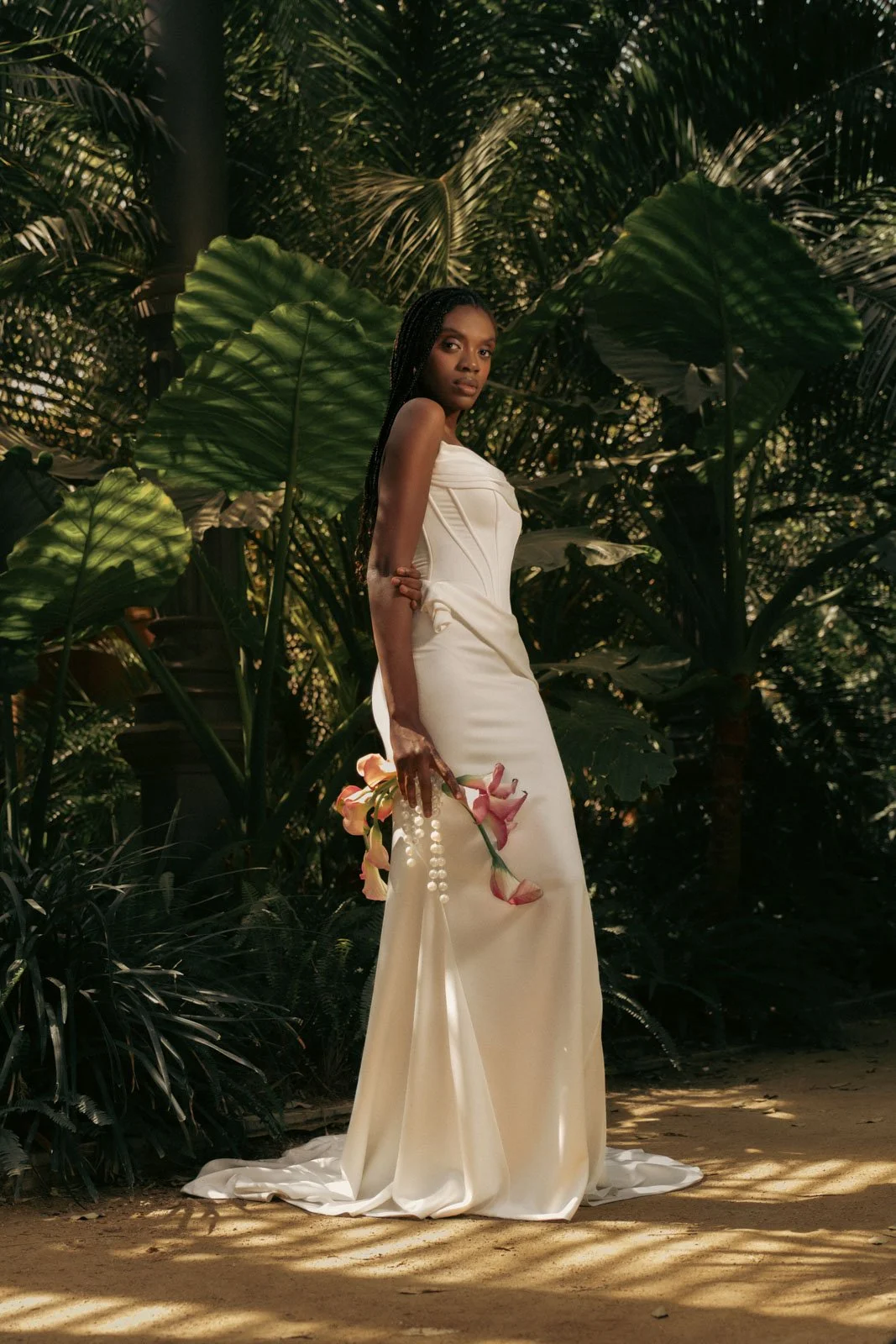 Full body bridal portrait created during tropical editorial wedding shoot