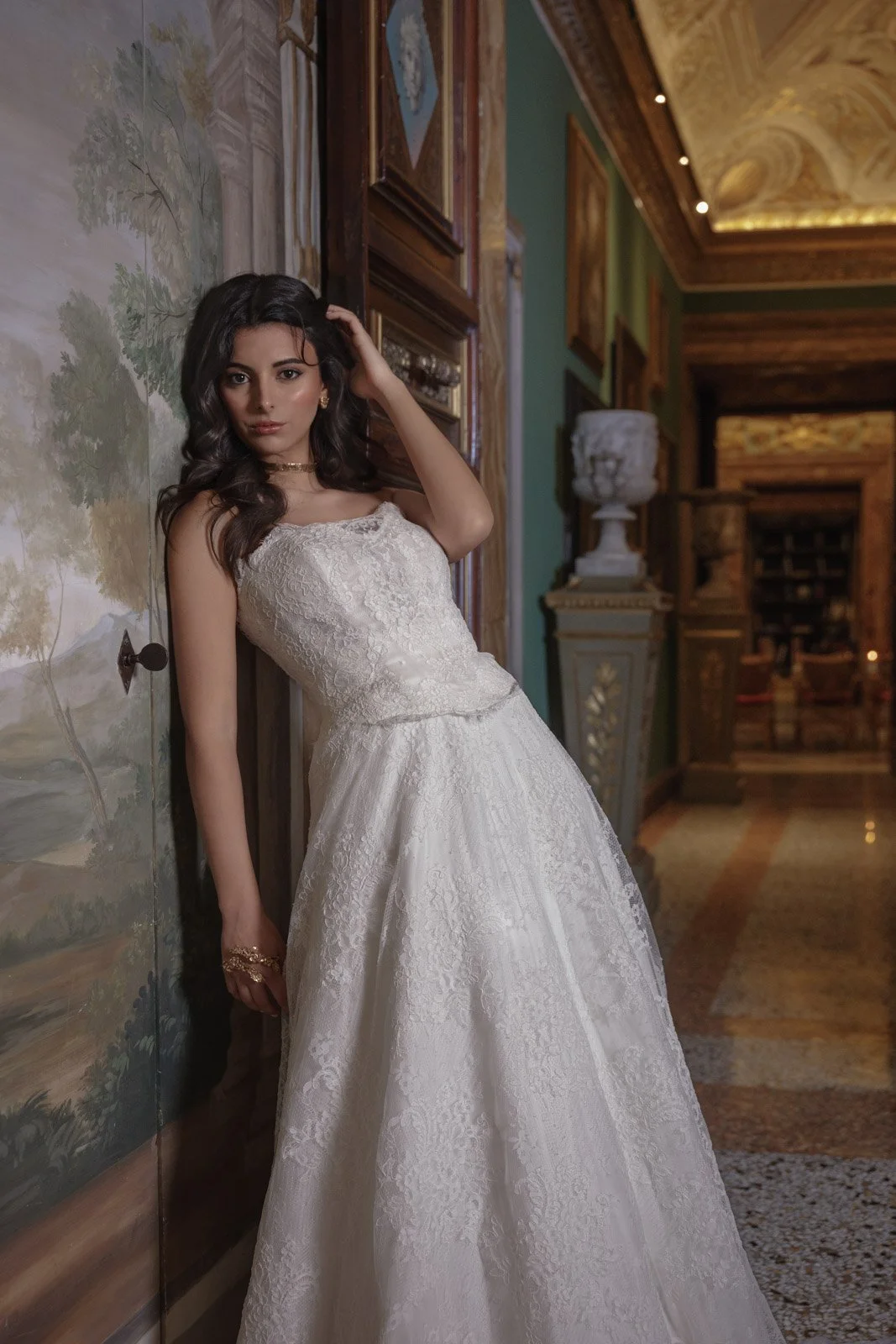 Bride wearing couture wedding gown during editorial bridal photoshoot