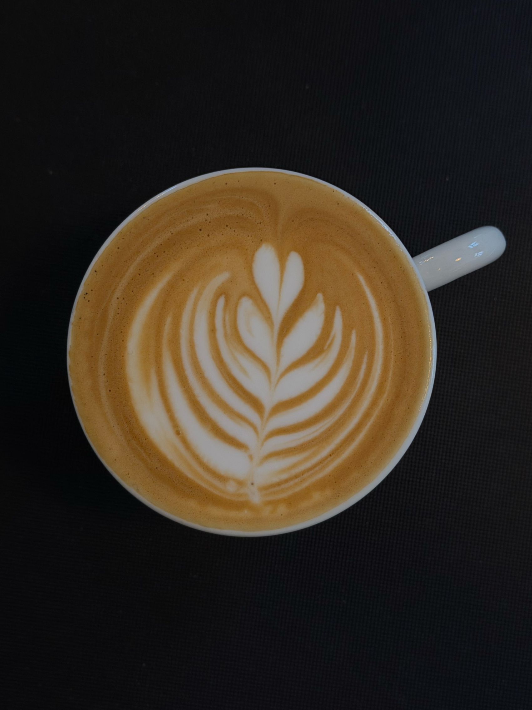 Tasse mit Latte-Art in Form eines Blumenmusters auf dunklem Hintergrund.
