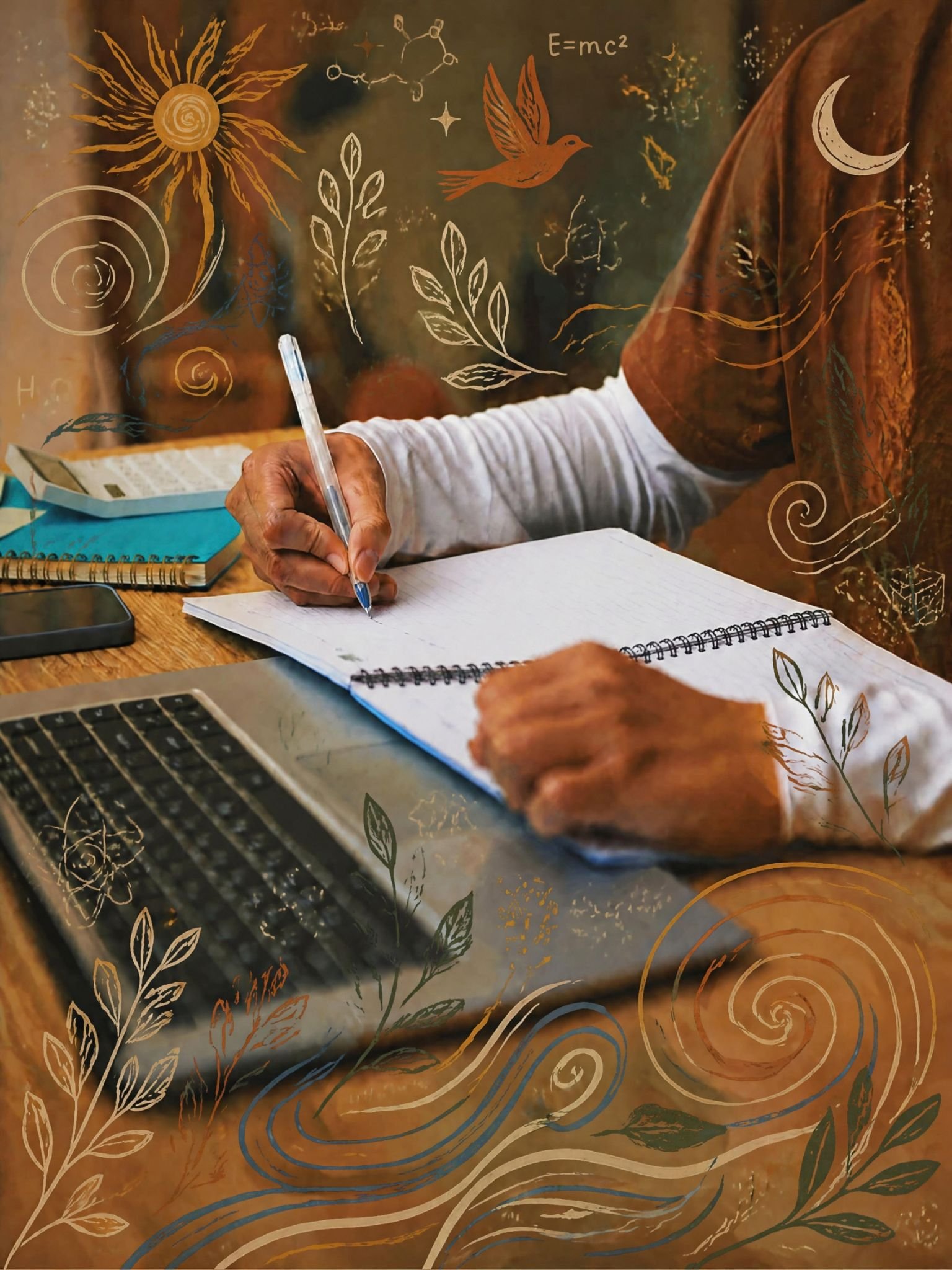 A person writes in a notebook surrounded by their laptop and various items on a desk. An overlay of graphic elements shows symbols for nature and science