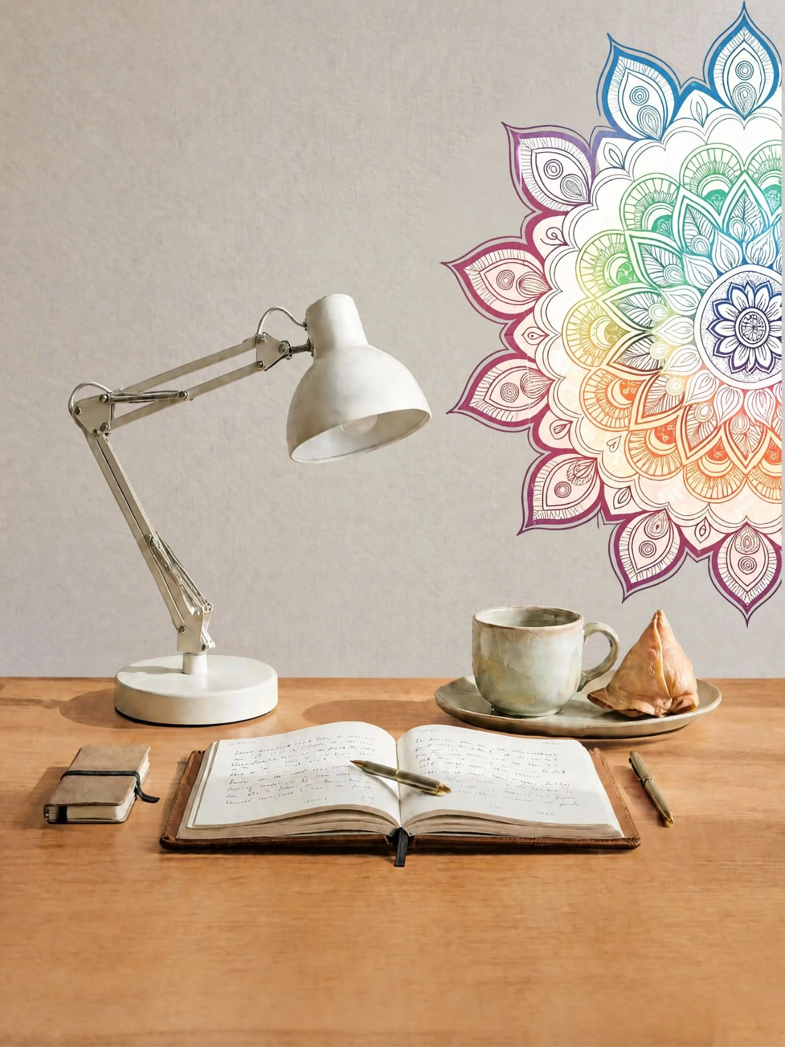 A desk with a lamp and books beneath a wall decorated with a mandala decal. A ceramic cup and plate with a samosa are to the right, suggesting sharing of friendly thoughts.