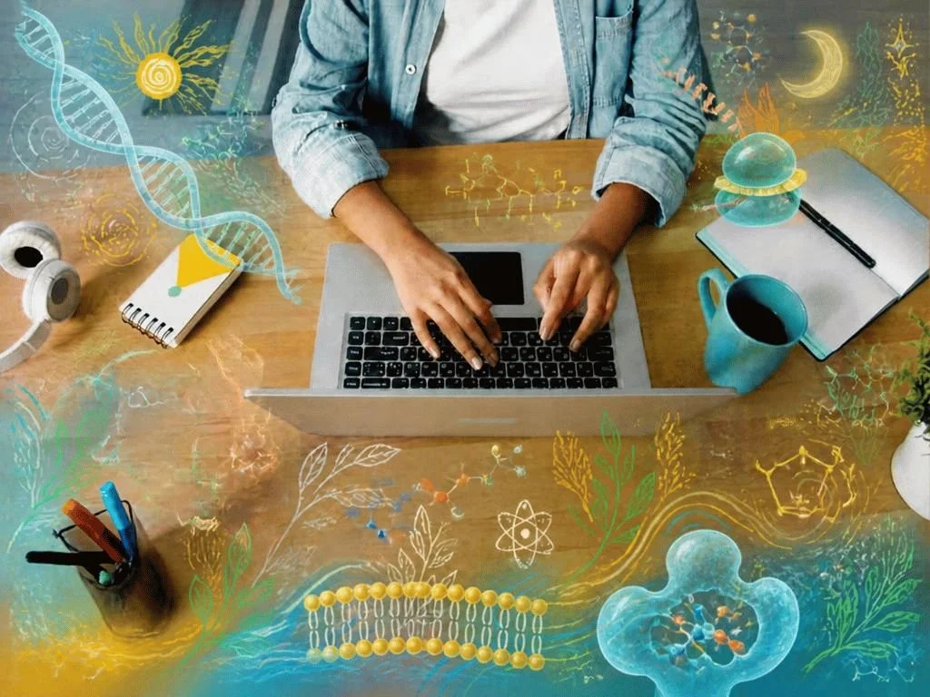 A person types on a laptop surrounded by various items on a desk. An overlay of graphic elements shows symbols for nature and science