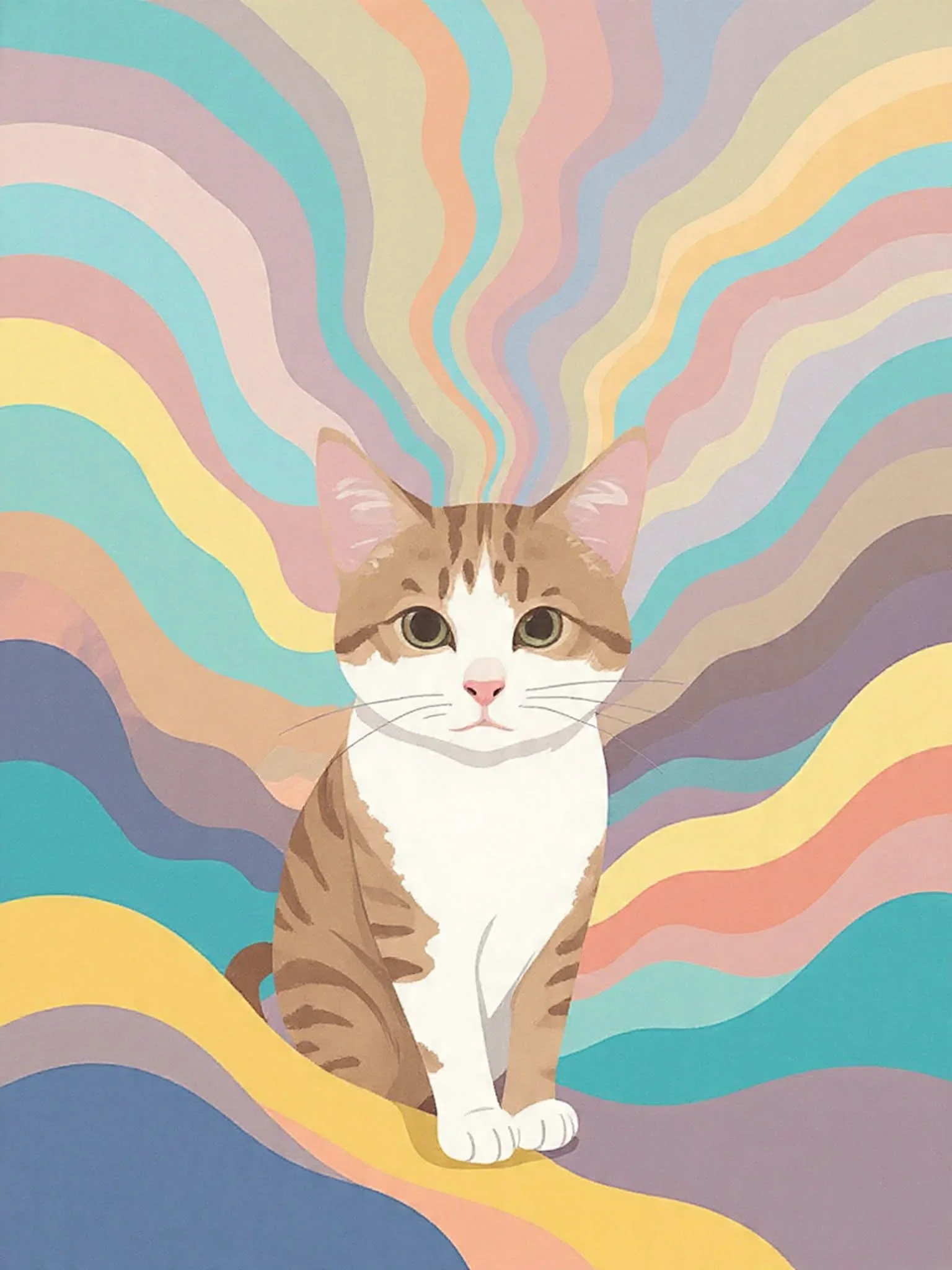 A stylized graphic poster of a sweet orange tabby cat looking directly at the viewer, with a colourful pastel background.