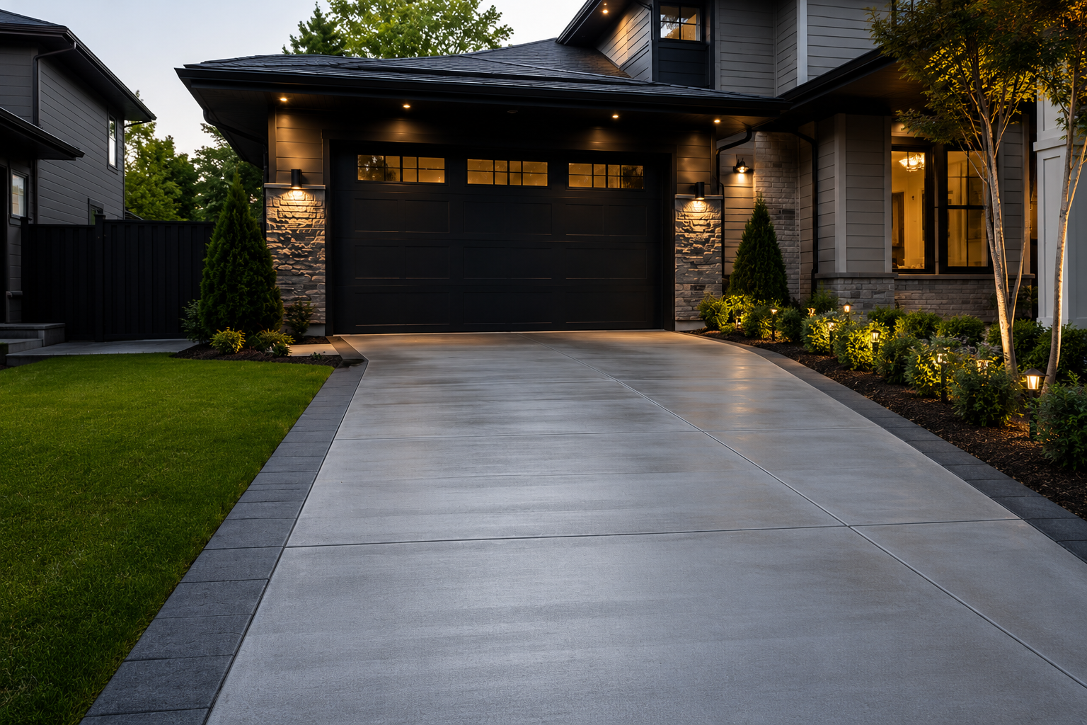 A modern house with a driveway, black garage door, landscaped garden beds with lighting, and a small tree, illuminated at dusk.