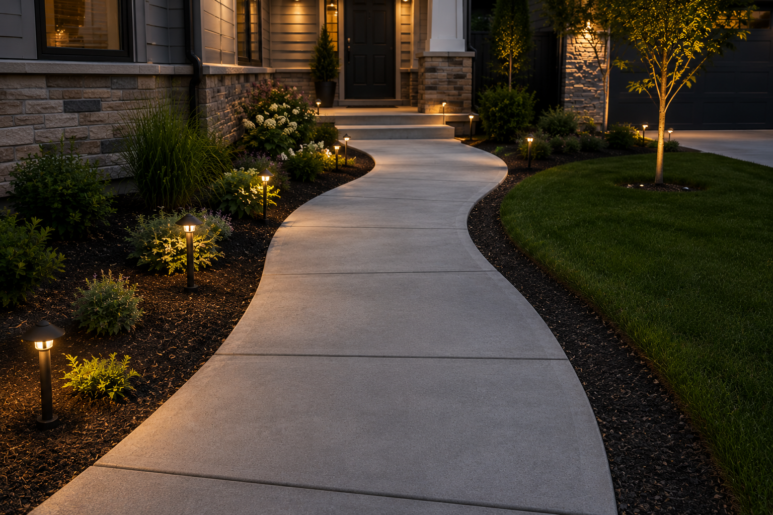 Curved concrete pathway leading to the front porch of a house, lined with small garden lights and surrounded by landscaped plants and trees.