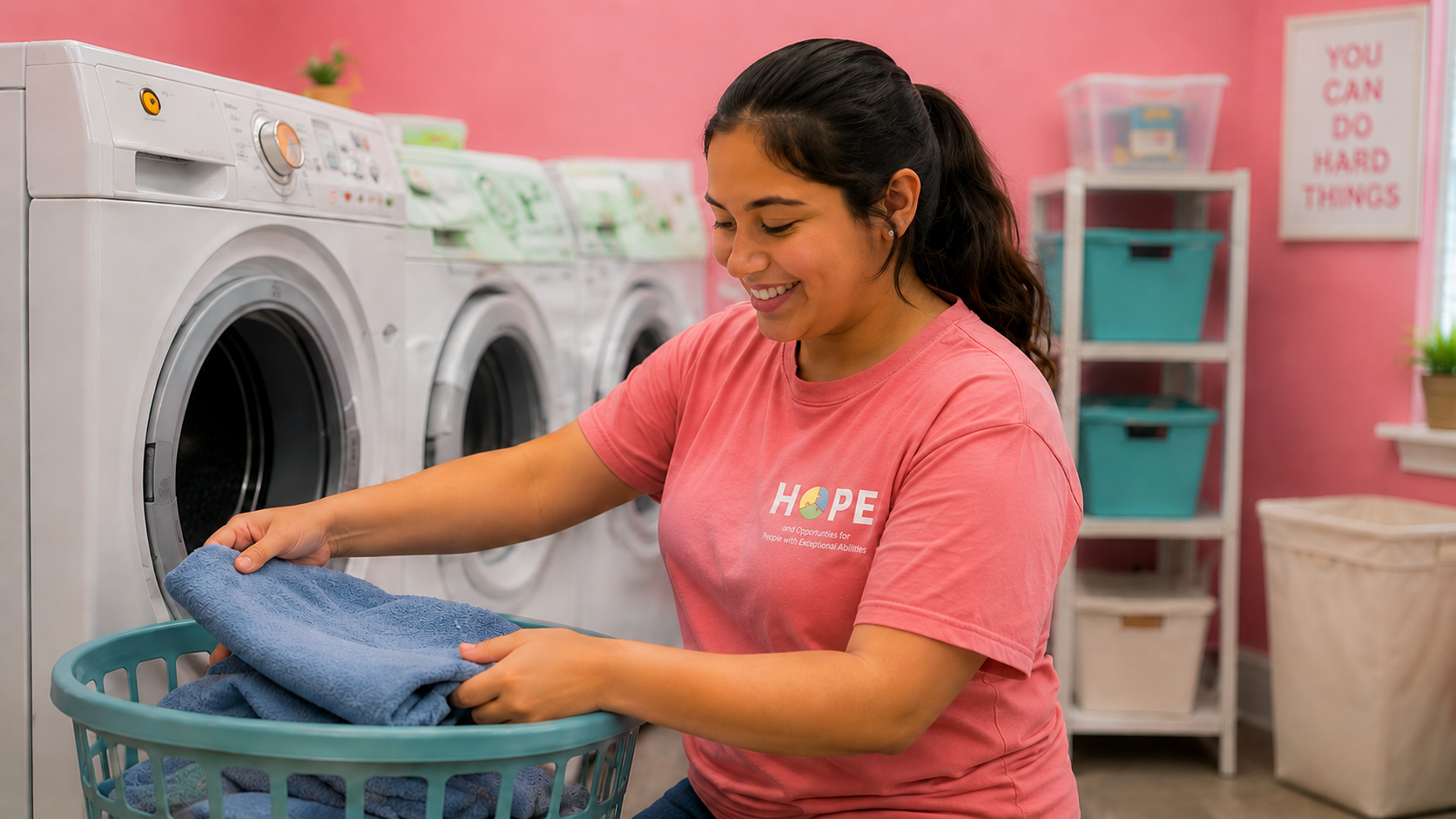 A woman in a pink t-shirt with a hope logo is loading laundry into a washing machine in a laundry room with pink walls, a shelf with laundry supplies, and a motivational sign that says "You can do hard things."