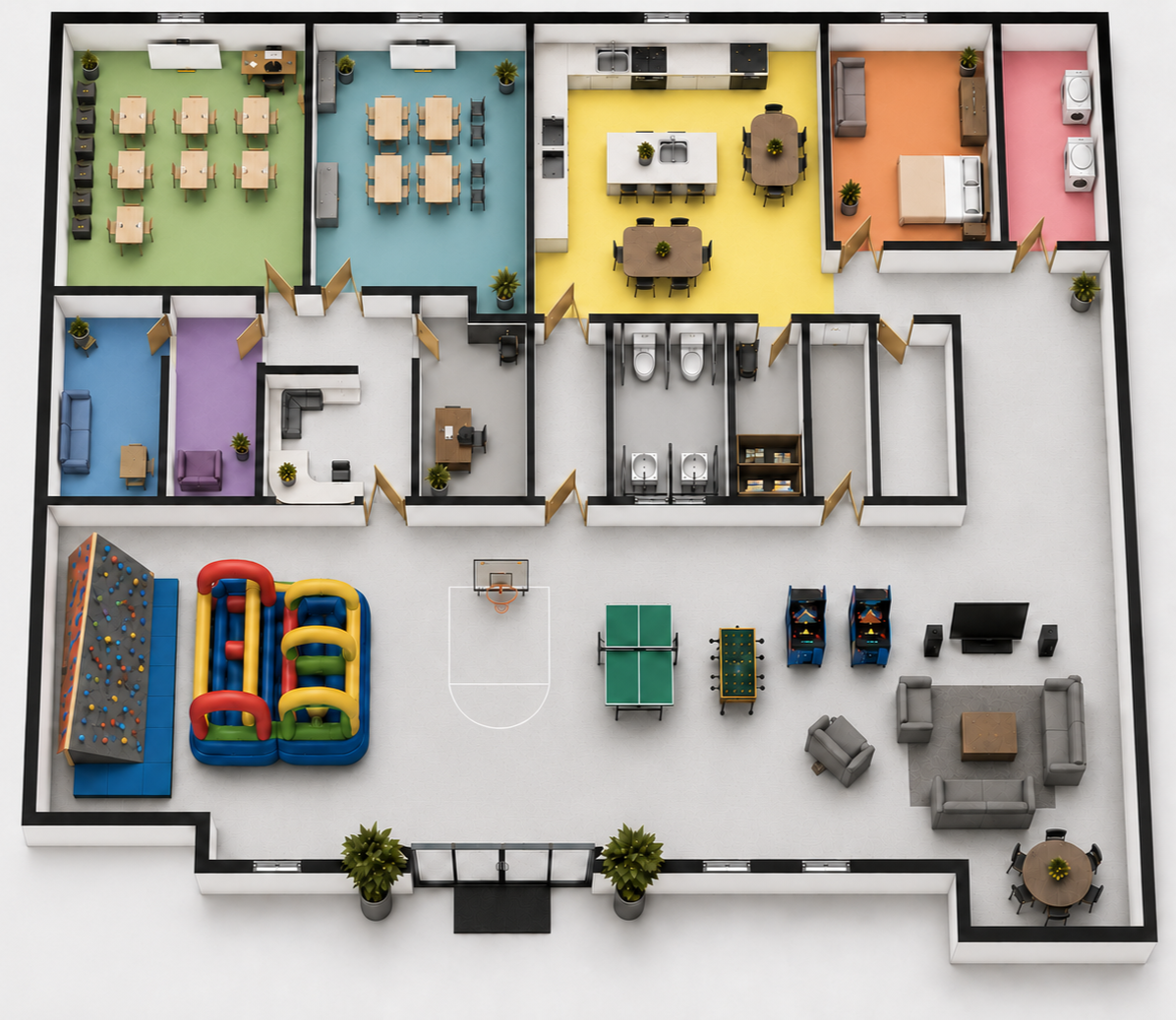 Floor plan of a community center with various rooms including a classroom, meeting rooms, game area, gym, and lounge.