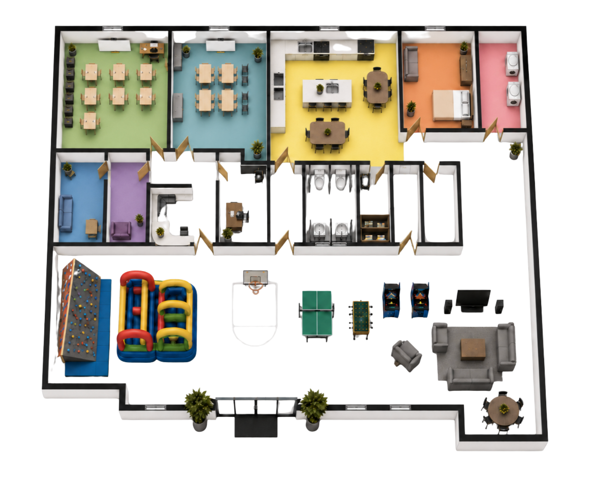A 3D floor plan of a colorful indoor recreational center with various rooms including play areas, game rooms, a kitchen, and seating areas.
