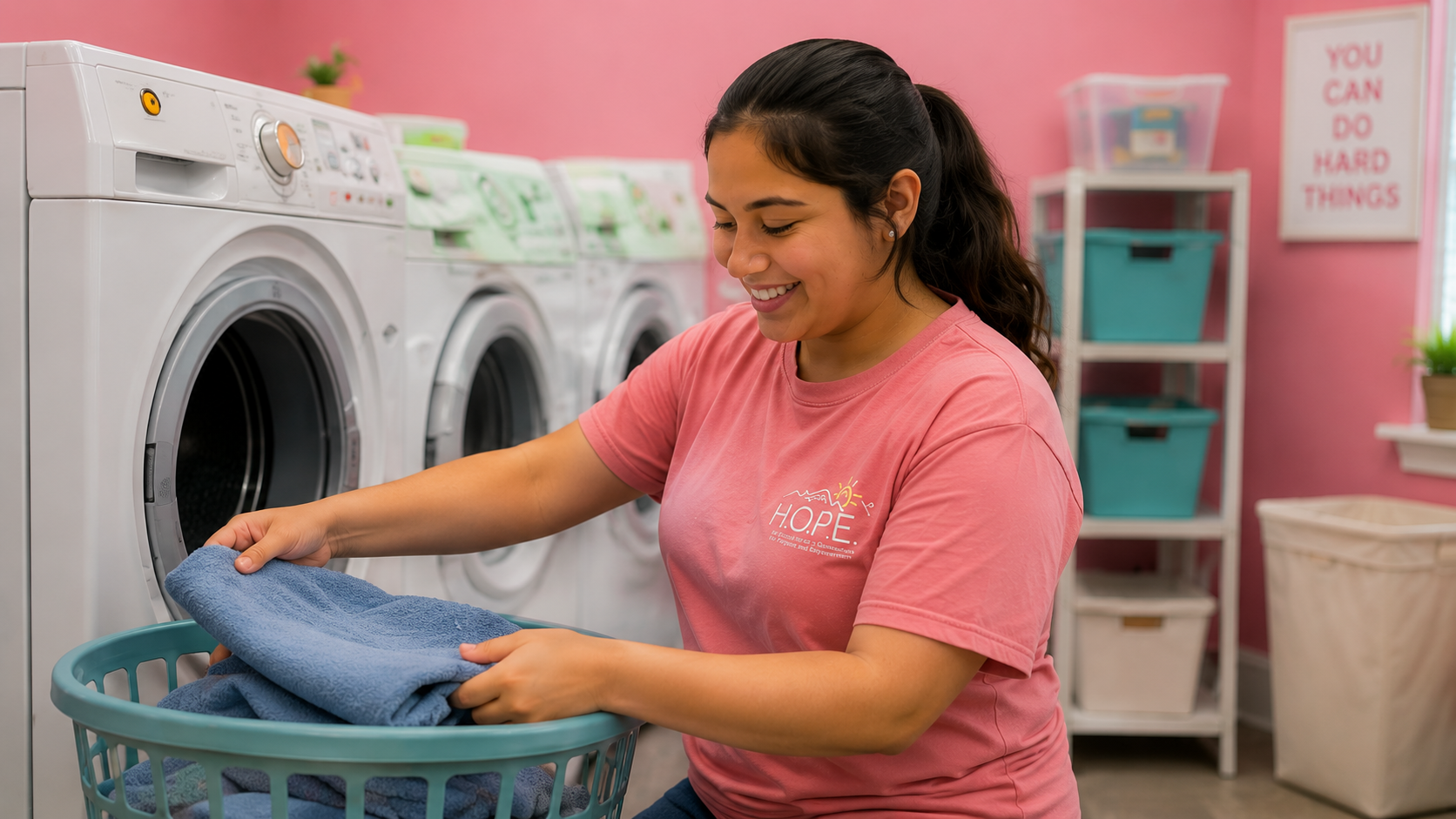 A woman with dark hair in a ponytail smiling as she loads a blue towel into a laundry basket in a laundromat with pink walls and multiple washing machines.