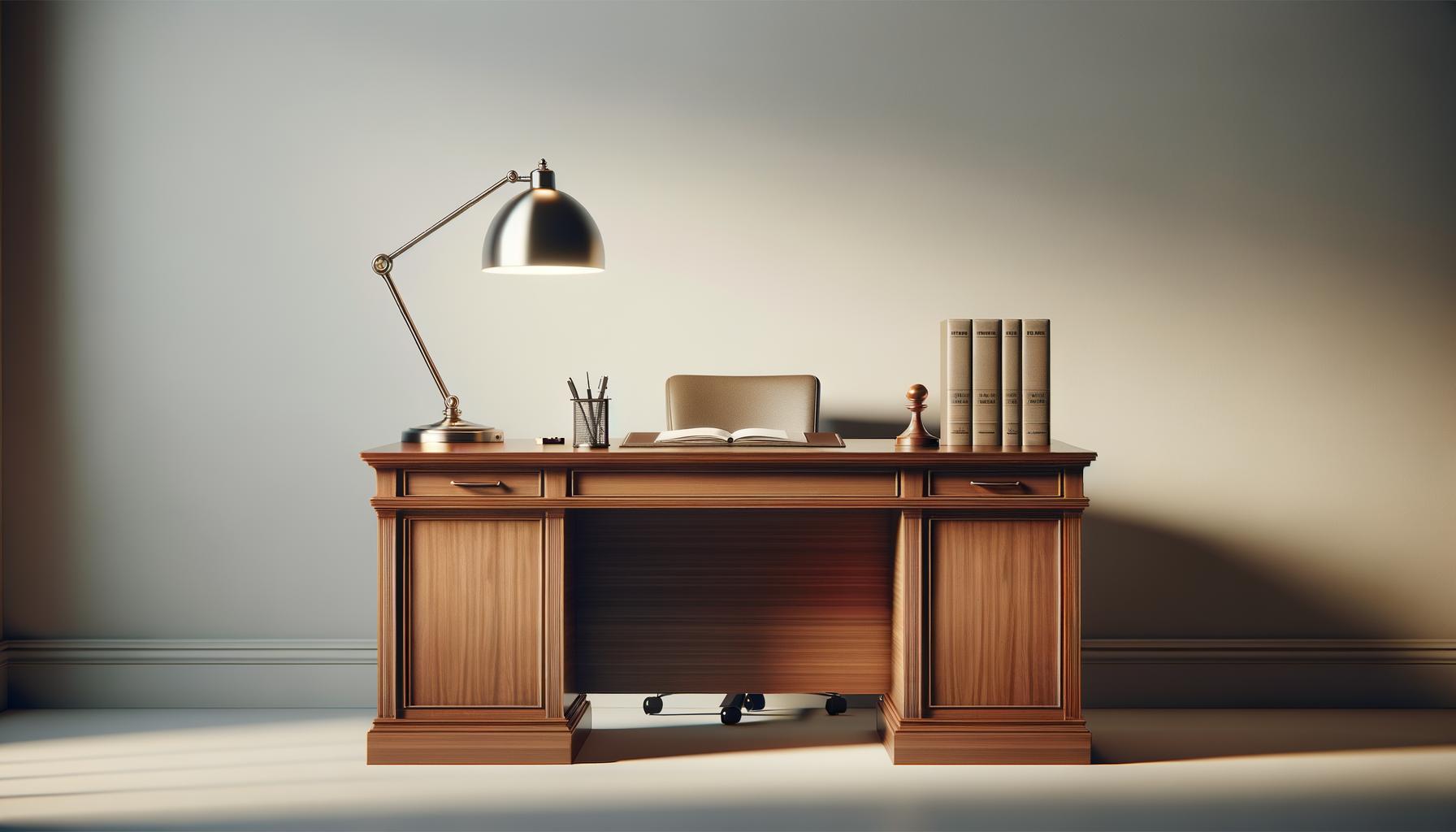 A wooden desk with a black desk lamp, a cup with pens, a closed book, a ginger-colored desk ornament, and five large beige books against a beige wall.