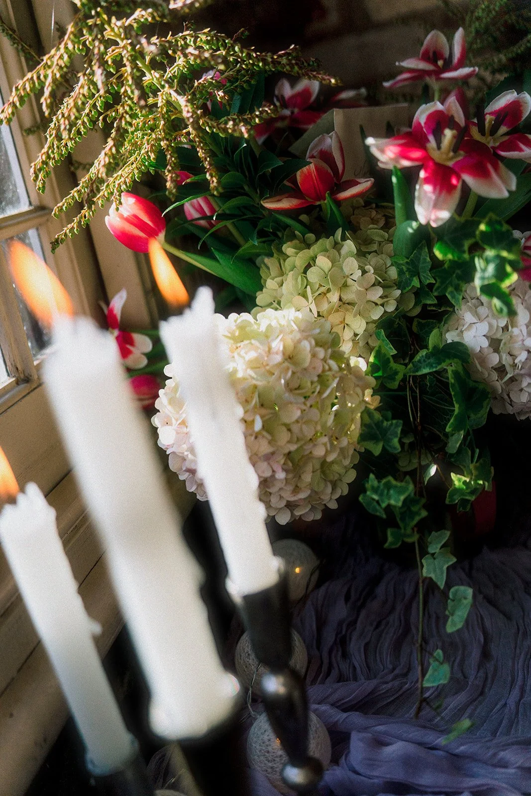 Close-up of white candles in a black holder with a decorative stand, set in front of a Christmas flower arrangement, including lights, holly leaves, white hydrangeas, red and white tulips, and green foliage, near a window.