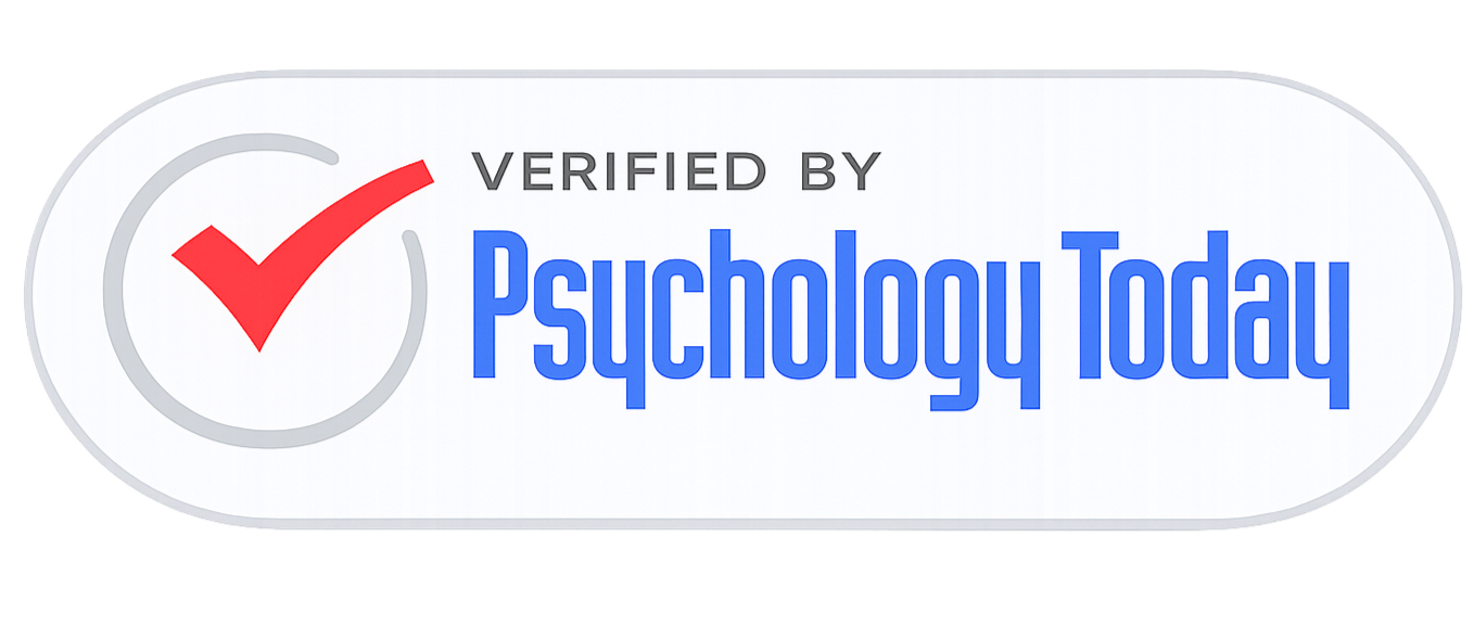 Verified by Psychology Today badge with a red checkmark and verification circle. Fully qualified therapist in Devon, Exeter therapist