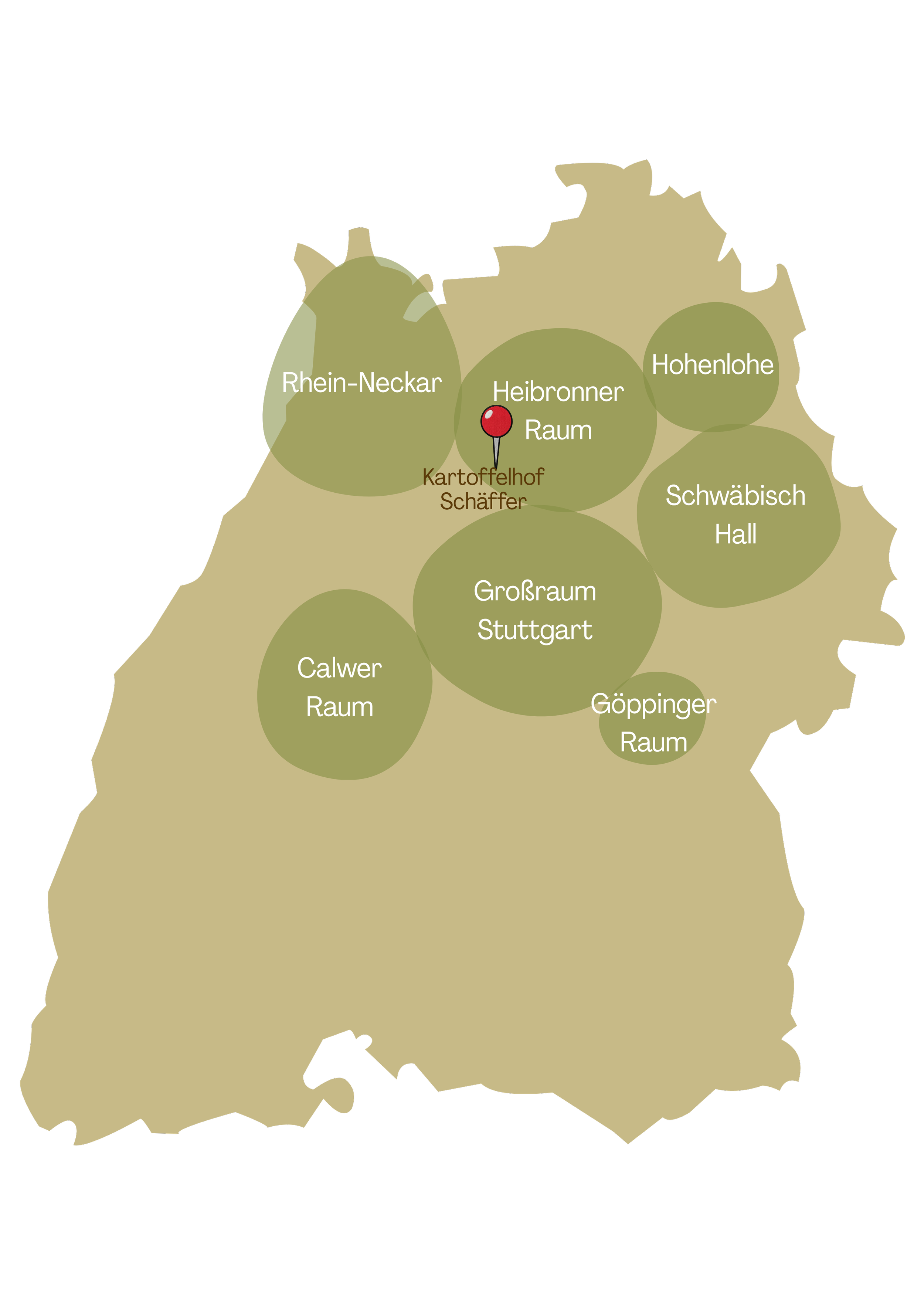 Karte von Baden-Württemberg in Deutschland mit verschiedenen Regionen und deren Bezeichnungen, inklusive Rhein-Neckar, Großraum Stuttgart, Schwäbisch Hall, Göppinger Raum, Calwer Raum, Heibronner Raum, Hohenlohe, und Kennzeichnung des Kartoffelhof Schäffer
