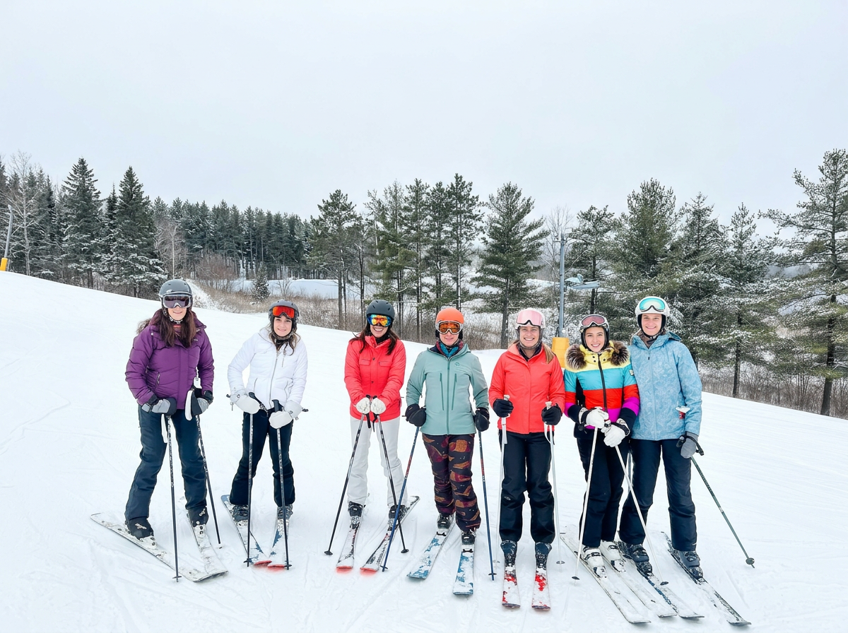 Seven women in ski gear standing on snow with skis and poles, smiling at the camera, with snow-covered trees in the background.