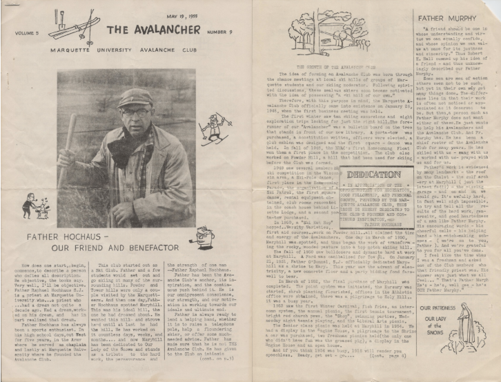 A vintage yearbook page from 1955 featuring a black-and-white photo of Father Hochaus, who is wearing glasses, a cap, and a jacket, holding a walking stick. The page includes a small cartoon of a person skiing and another pulling a sled, along with text about Father Hochaus's role as a friend and benefactor of the Marquette University Avalanche Club.