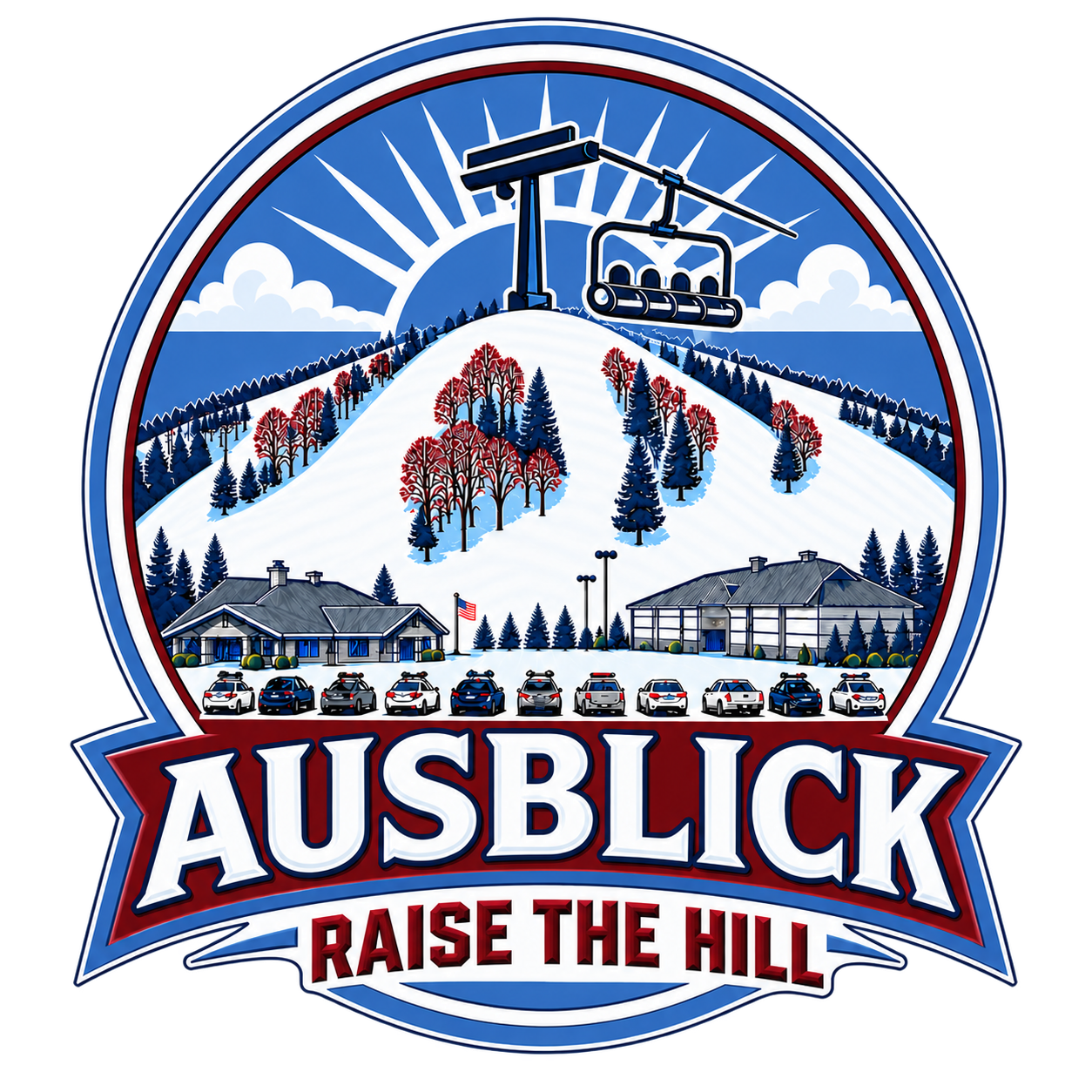 A mountain with snow and trees, ski lift, buildings at the base, and a line of cars in front. Text reads 'Ausblick Raise the Hill'.