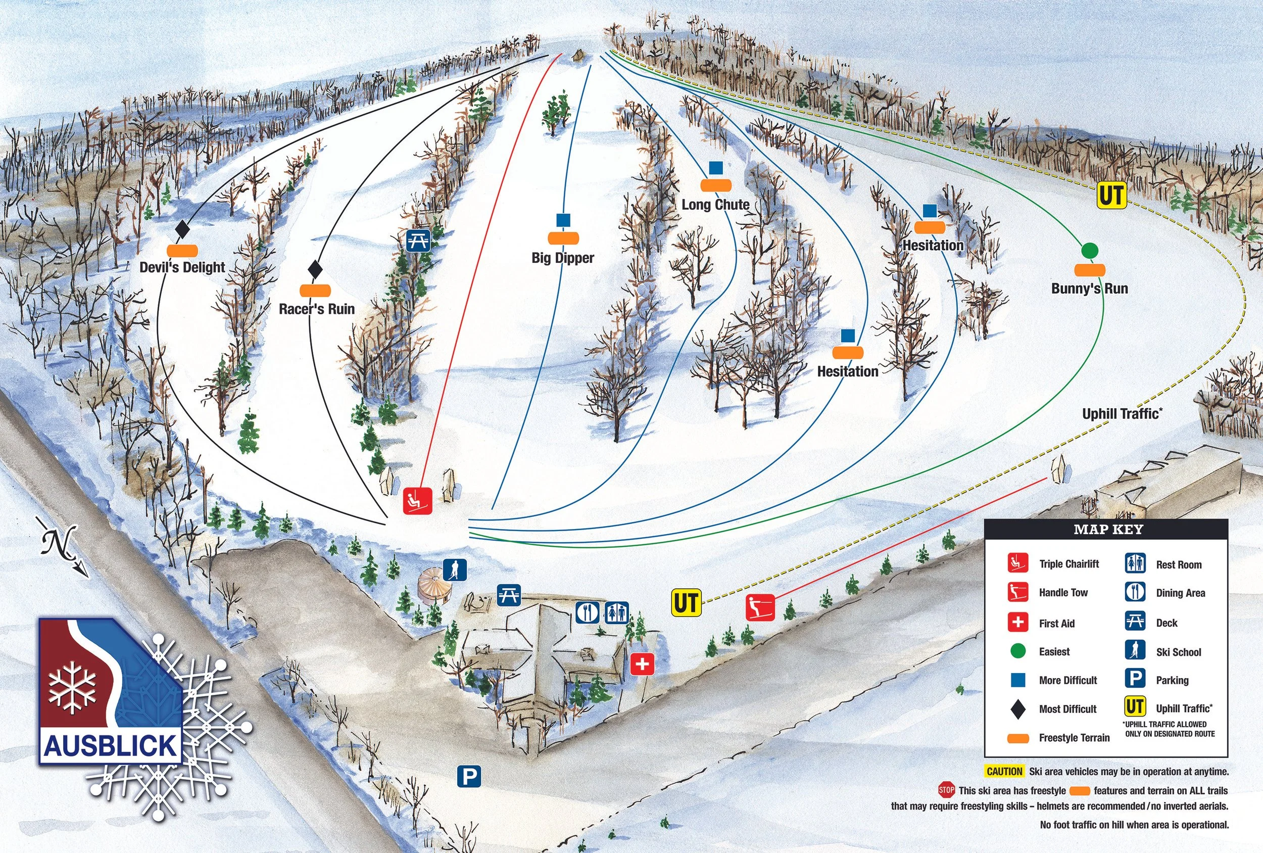 A detailed ski trail map showing various ski runs, lifts, and facilities at a ski resort during winter. Trails are marked with different difficulty levels, seating areas, parking, restrooms, and ski school locations. Ski trails include Devil's Delight, Racer's Ruin, Big Dipper, Long Chute, Hesitation, Bunny's Run, and Uphill Traffic. Symbols indicate rest areas, dining, first aid, and loading zones.