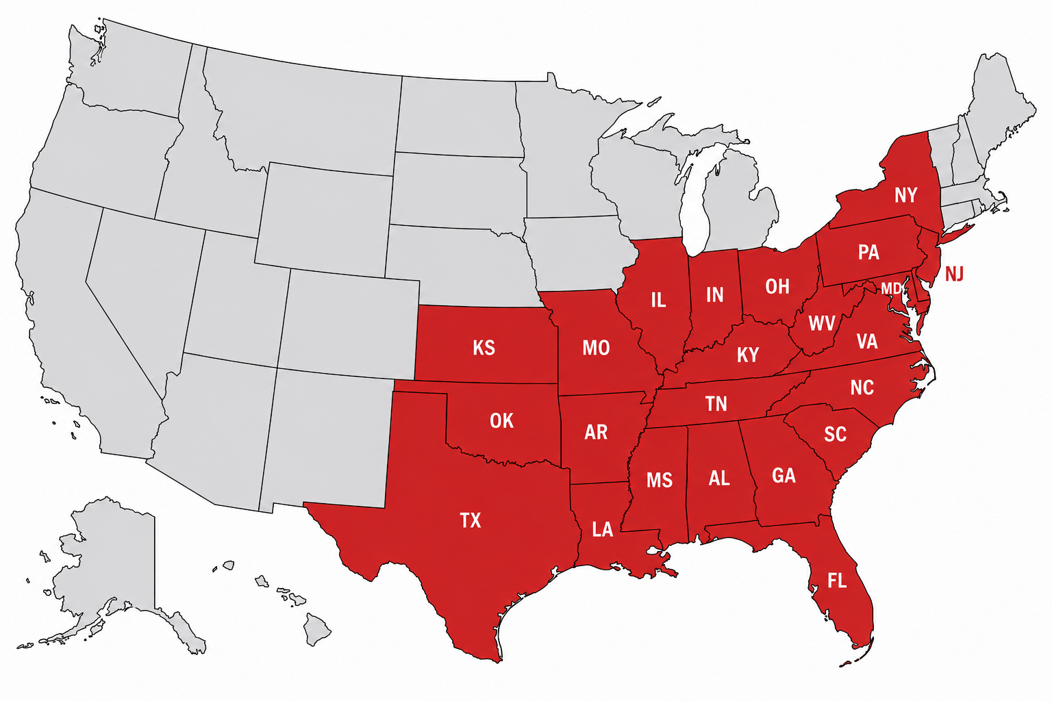 A map of the United States highlighting 20 states in red, including New York, Pennsylvania, New Jersey, Maryland, West Virginia, Virginia, North Carolina, South Carolina, Georgia, Florida, Alabama, Mississippi, Louisiana, Texas, Oklahoma, Kansas, Missouri, Indiana, Illinois, Ohio, and Kentucky.
