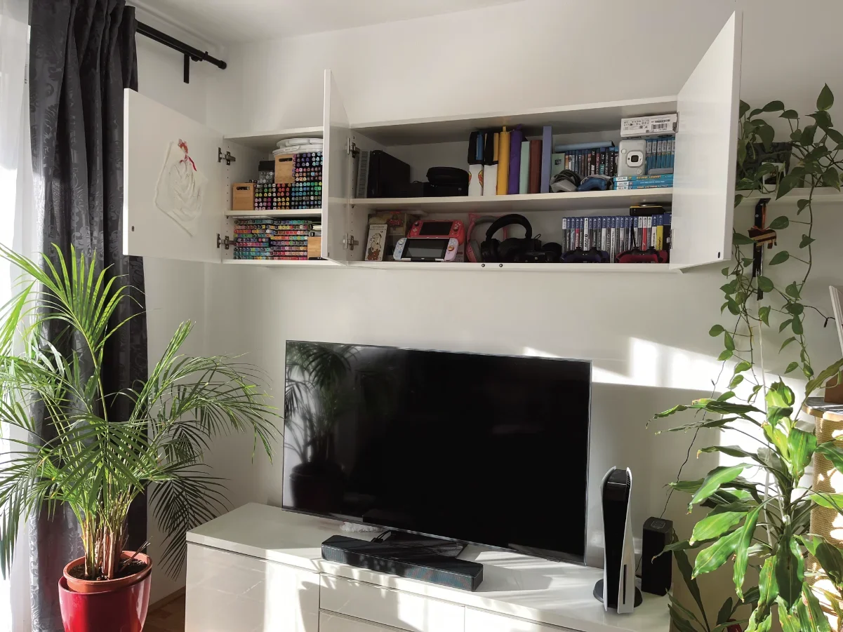 Wohnzimmer mit Fernseher, weißen Schrank, Pflanzen, einer offenen weißen Wandregal mit Büchern, DVDs, Spielzeug, Gaming-Controllern und elektronischen Geräten.