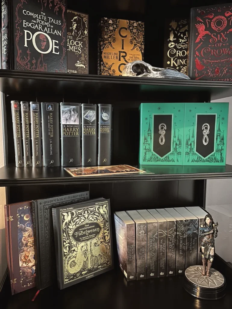 Buchregal mit Fantasy- und Harry Potter-Büchern, Kralen, einem Tier-Schädel und einer Figur aus einem Fantasy-Universum.