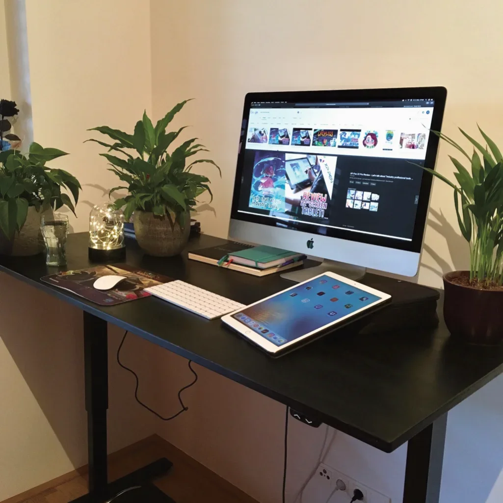 Arbeitsplatz mit Apple iMac, iPad, Tastatur, Maus, Notizbüchern und Pflanzen auf einem schwarzen Tisch.