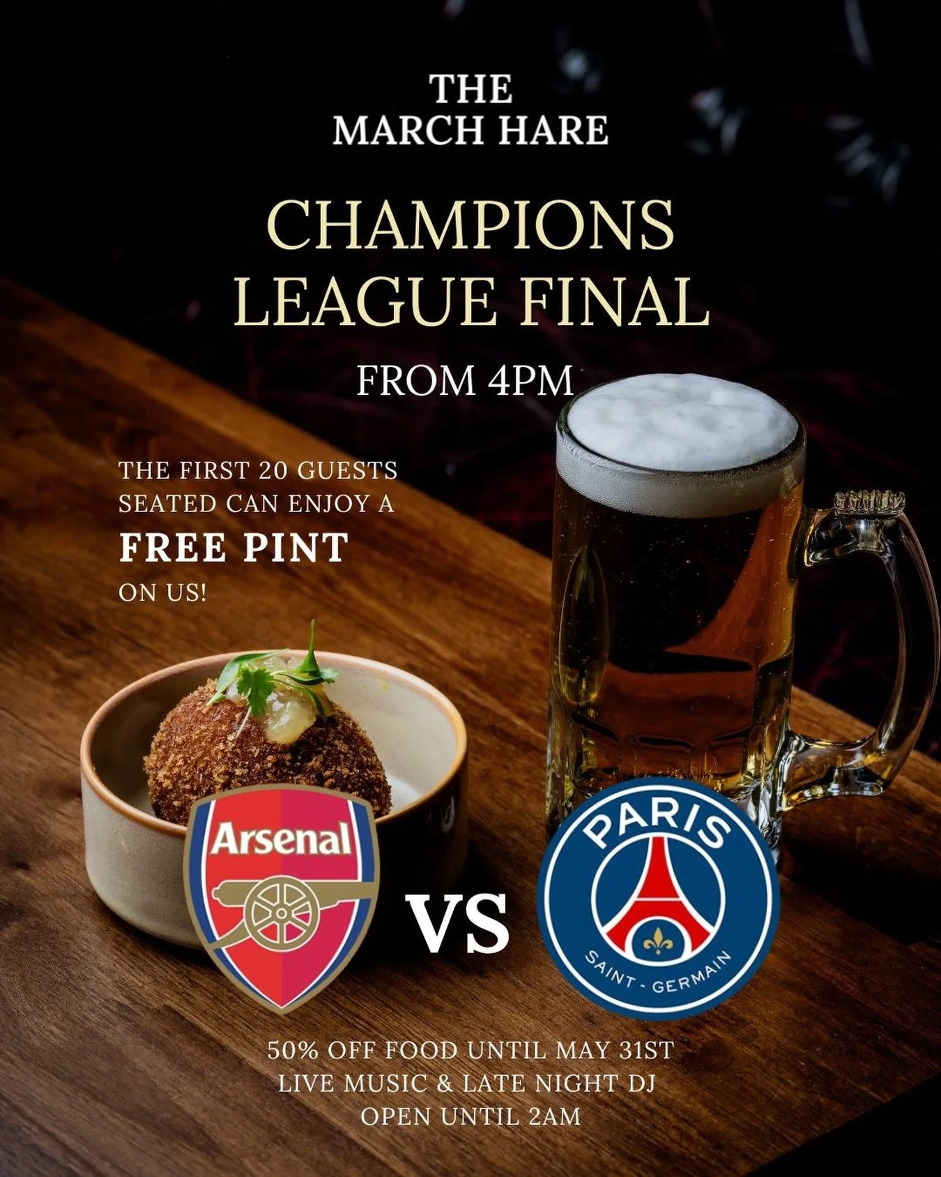You bring your mates, we&rsquo;ll provide the rest 💪 1 FREE pint for the first 20 seated guests to watch today&rsquo;s match. 50% off our entire food menu until tomorrow 👀

#themarchharelondon #chelseapub #kingsroad #arsenal #livesportsbar