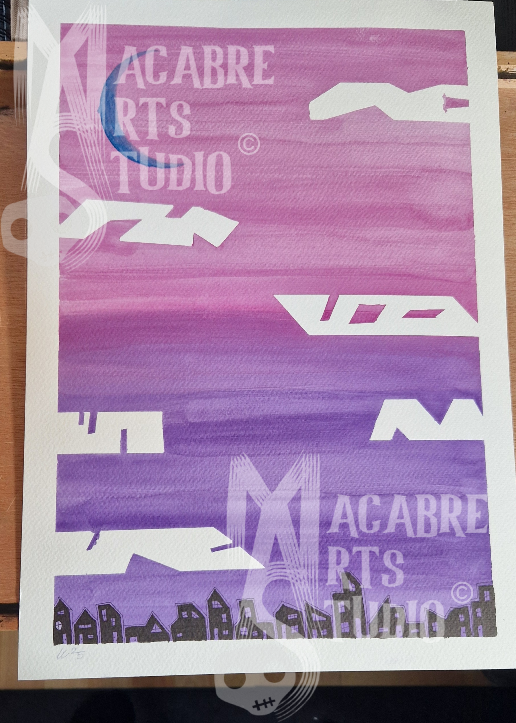 A watercolour illustration with abstract clouds, skyline silhouette, and a fading purple sky. Overlaid with MAS copyright logo.