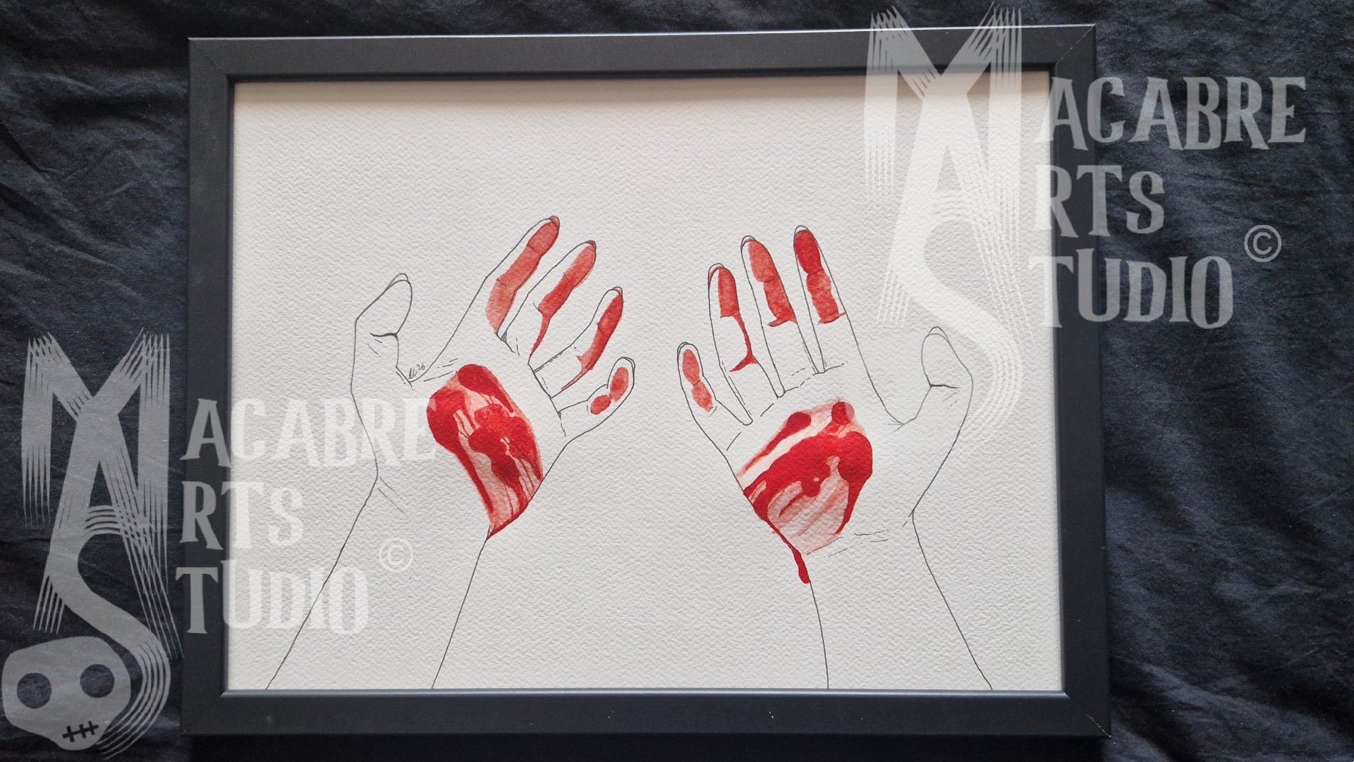 A framed artwork of two hands with red accents on the palms and fingers, set against a white textured background. Overlayed with copyright logo.