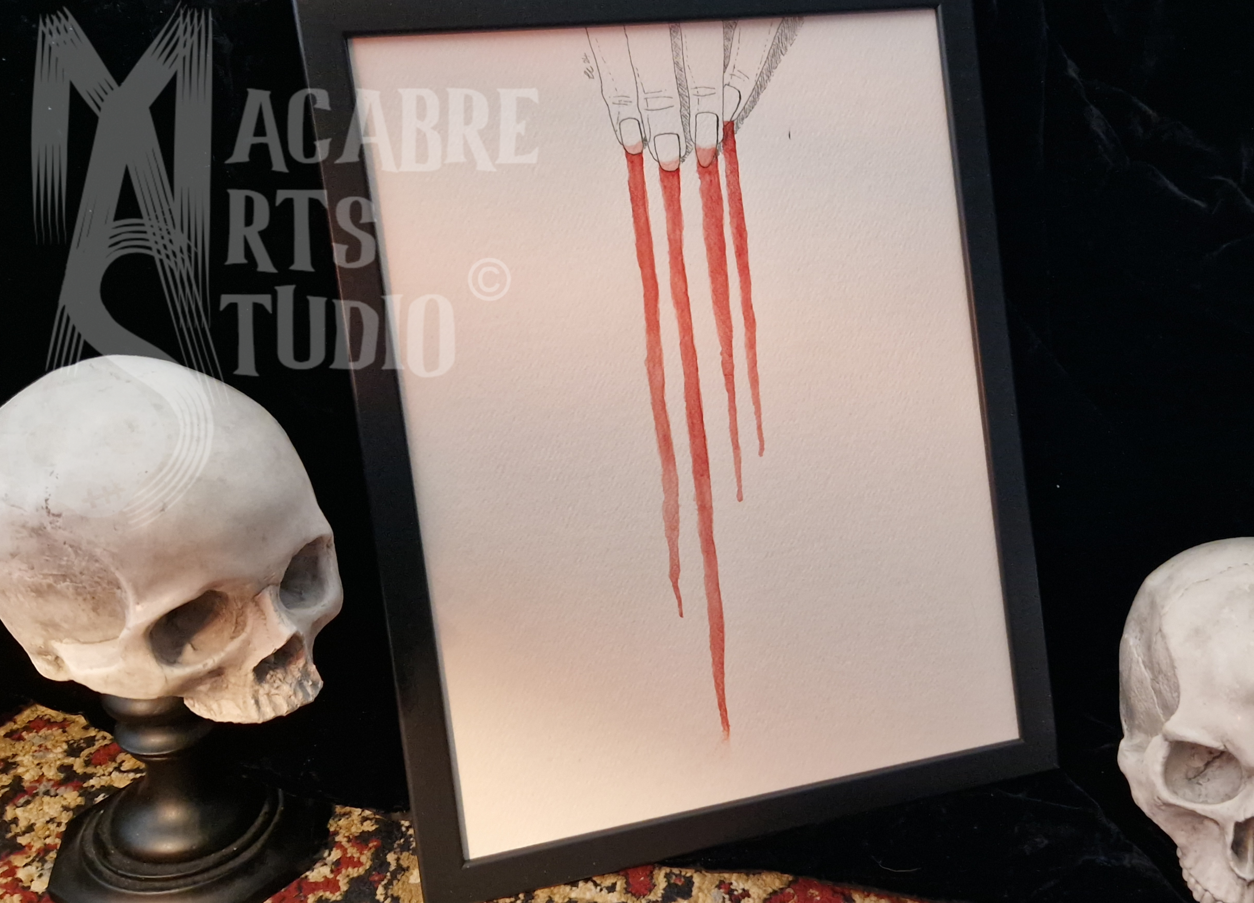 A framed illustration of a hand with red streaks coming from the fingertips. Overlaid with copyright watermark.