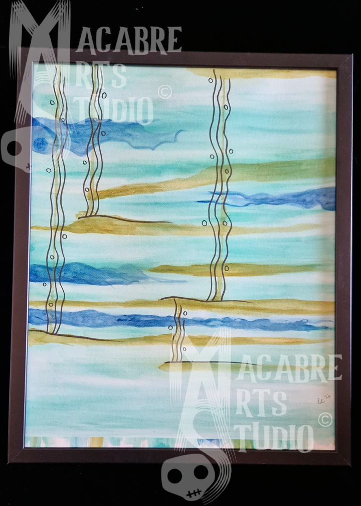 Abstract watercolour painting of water with tall, wavy lines resembling reeds. Overlaid with MAS copyright logo.