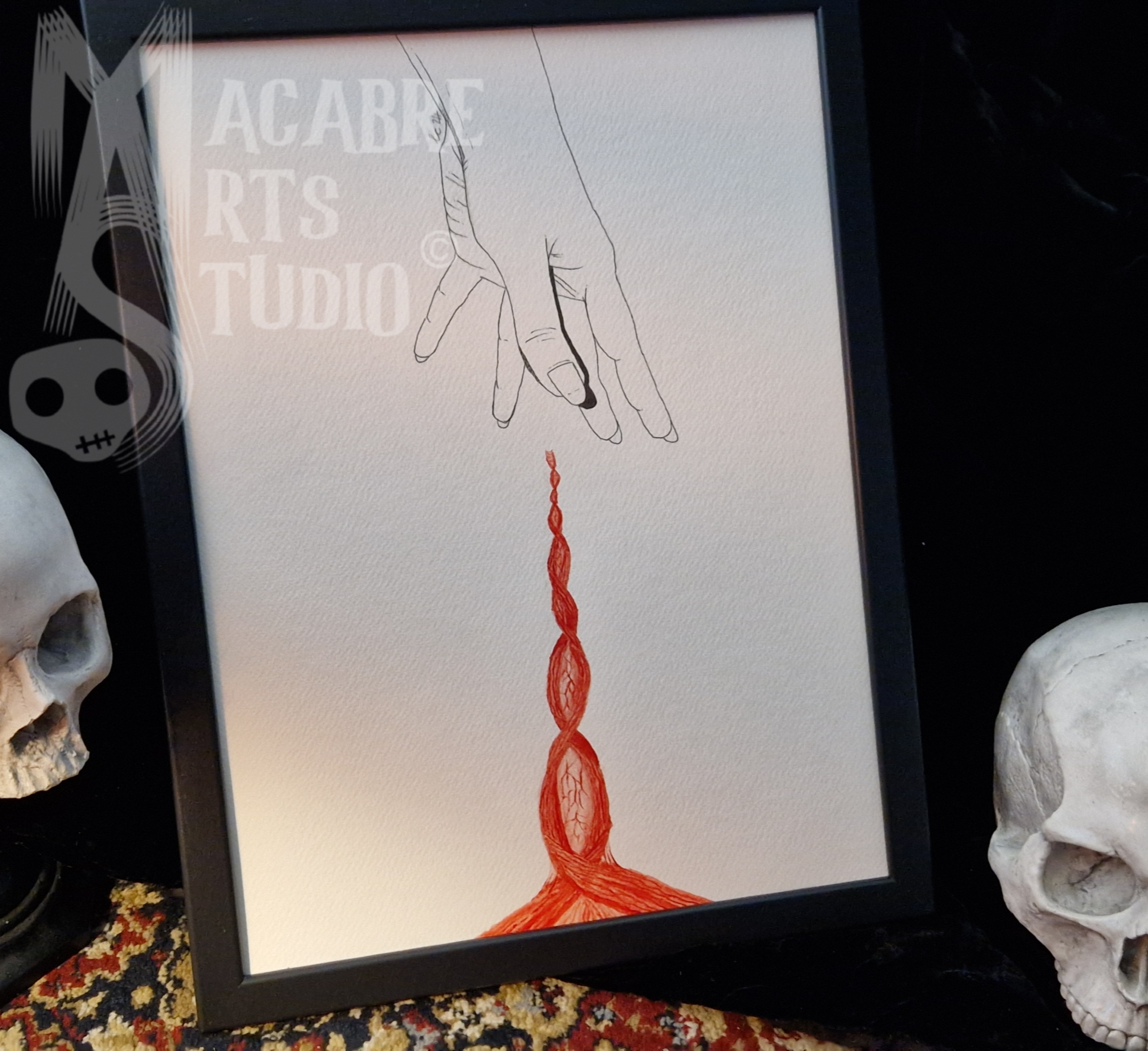 Artwork of a hand with detailed lines and shading, positioned vertically over an organic mix of red. Overlaid with copyright watermark.