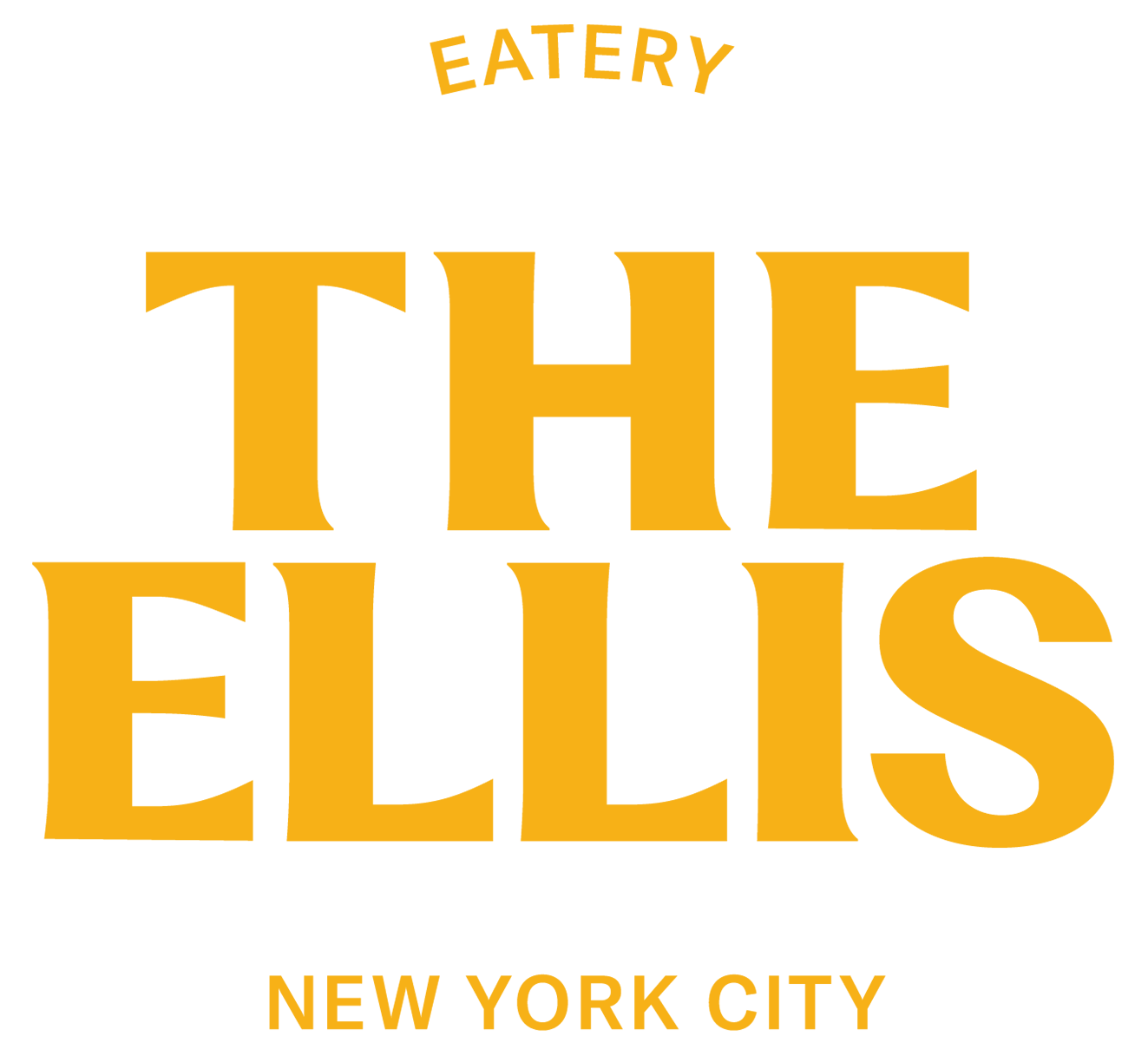 A sign for The Ellis Eatery in New York City with black background, featuring large gold letters for 'THE ELLIS' and smaller gold words for 'EATERY' above and 'NEW YORK CITY' below.