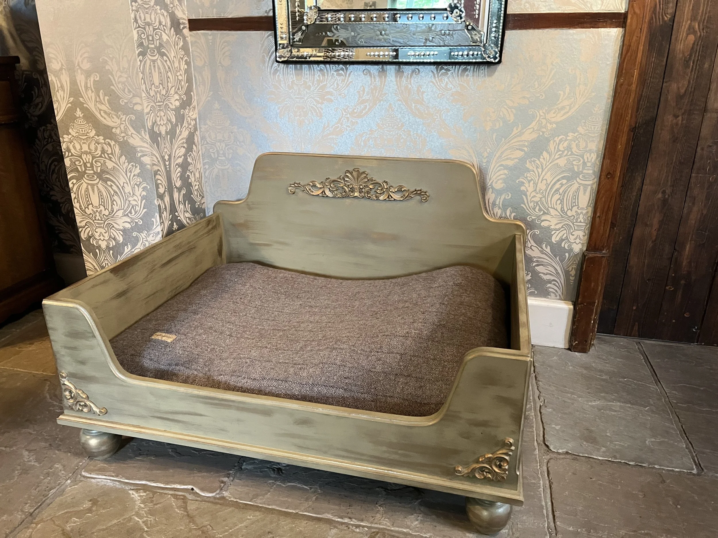 Bespoke Handcrafted & Painted Wooden Dog Bed with Gold Wax Rub Detailing and Ornate Carved Appliqués.