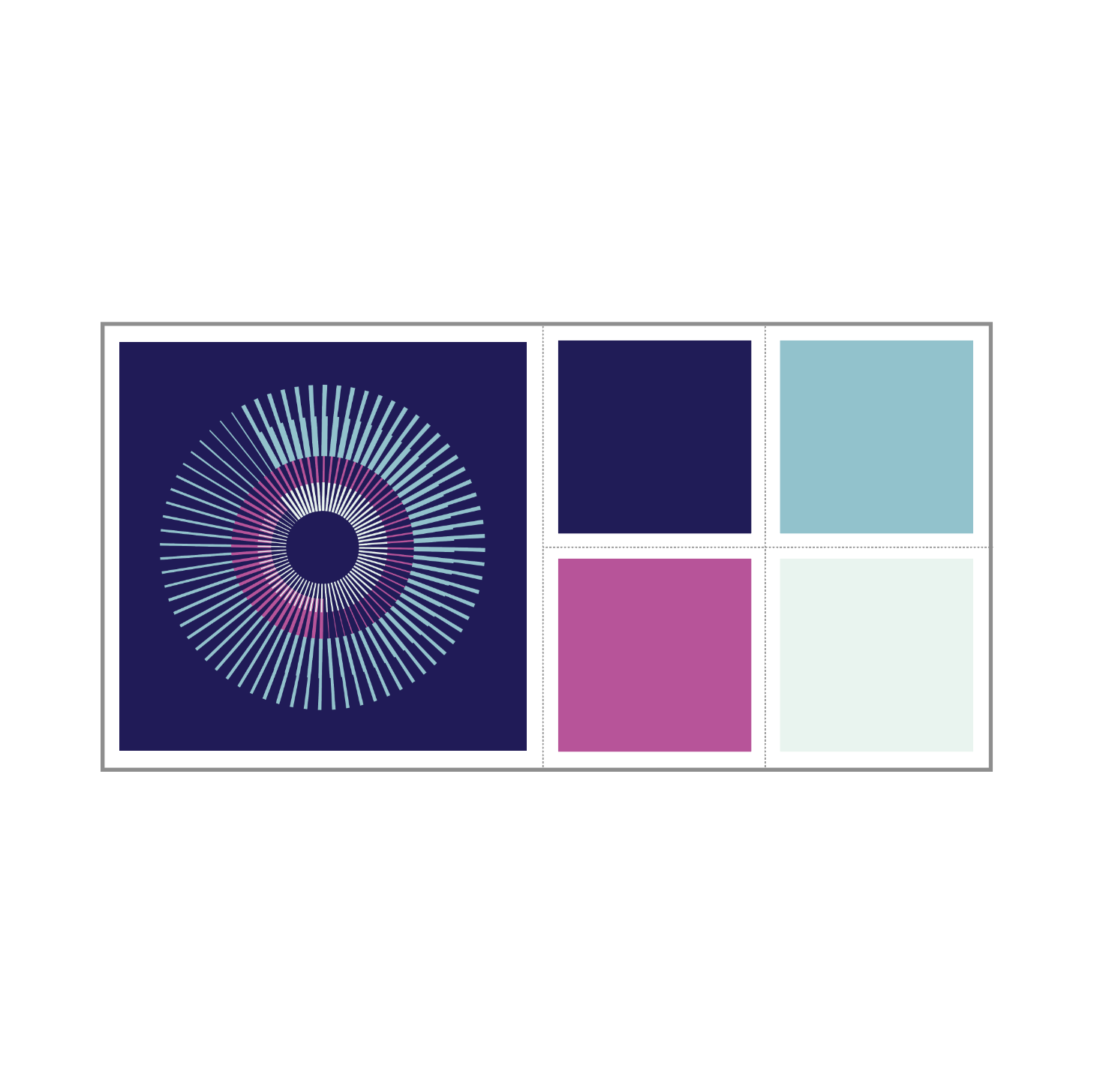 Detail of light blue and magenta geometric abstract artwork showing concentric circle pattern and colours.