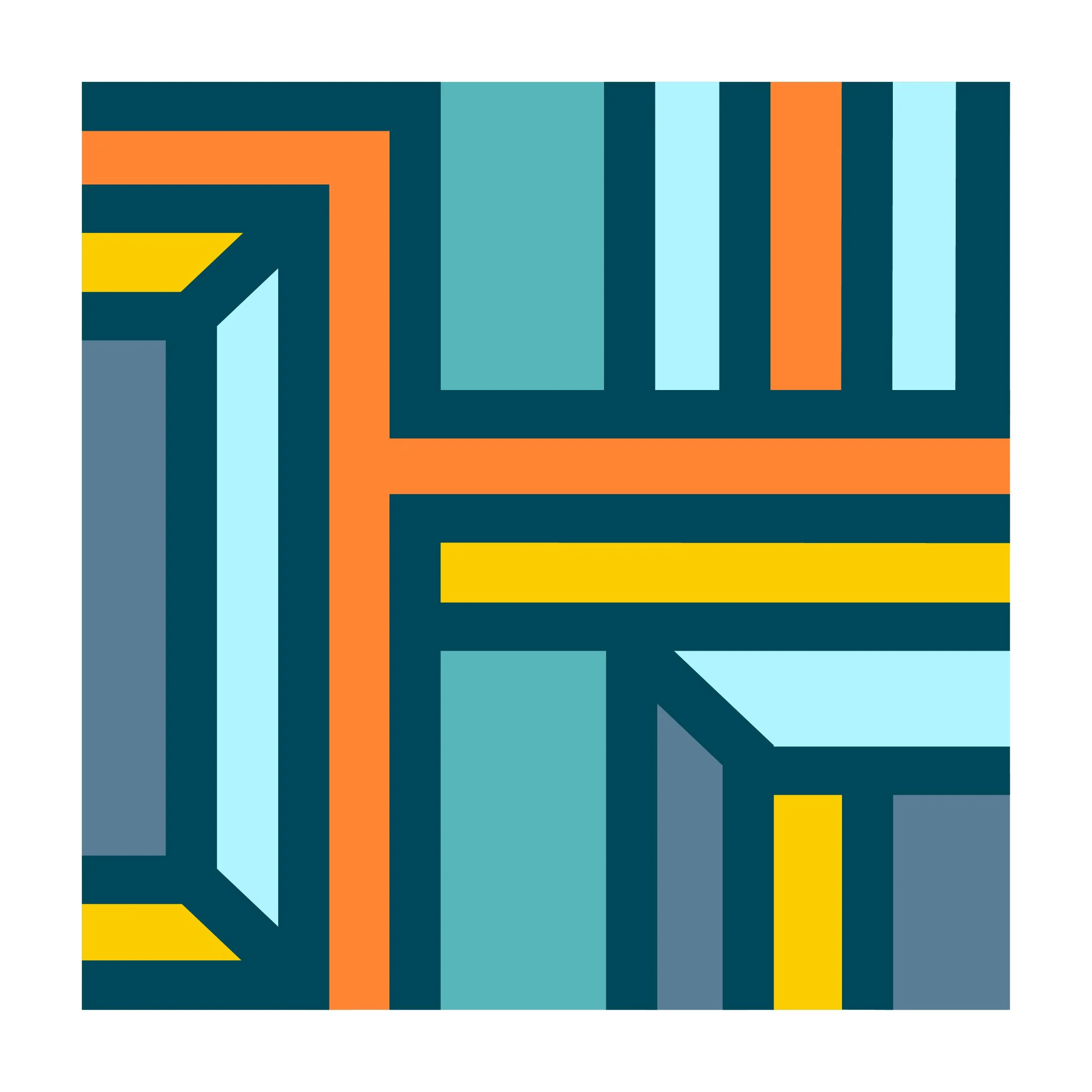 Contemporary geometric abstract art print featuring bold teal blue, forest green, mustard yellow and burnt orange linear shapes in a modern mid-century inspired design.