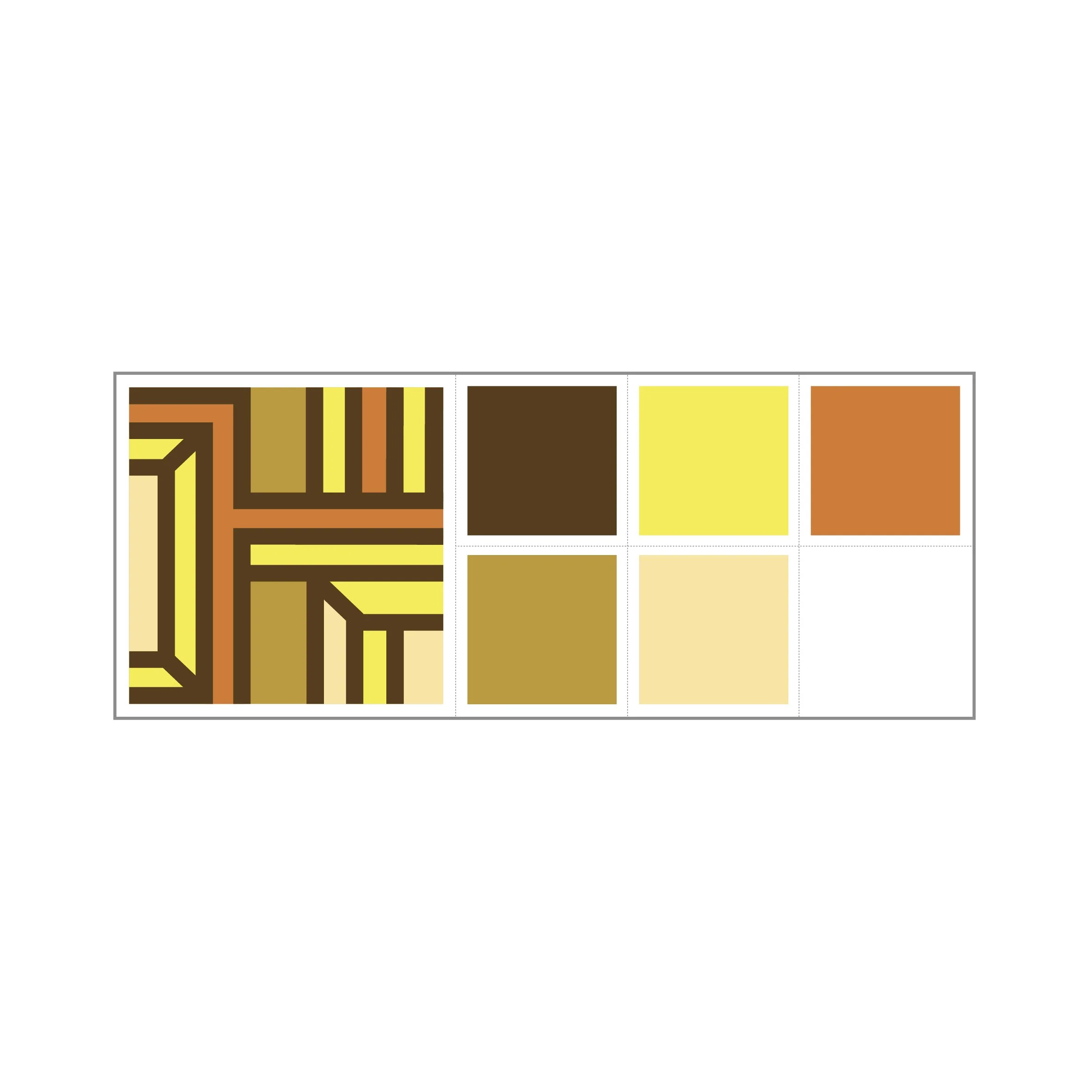 Geometric abstract artwork shown alongside a coordinating colour palette of warm brown, ochre, burnt orange, cream and yellow for contemporary interior design inspiration.