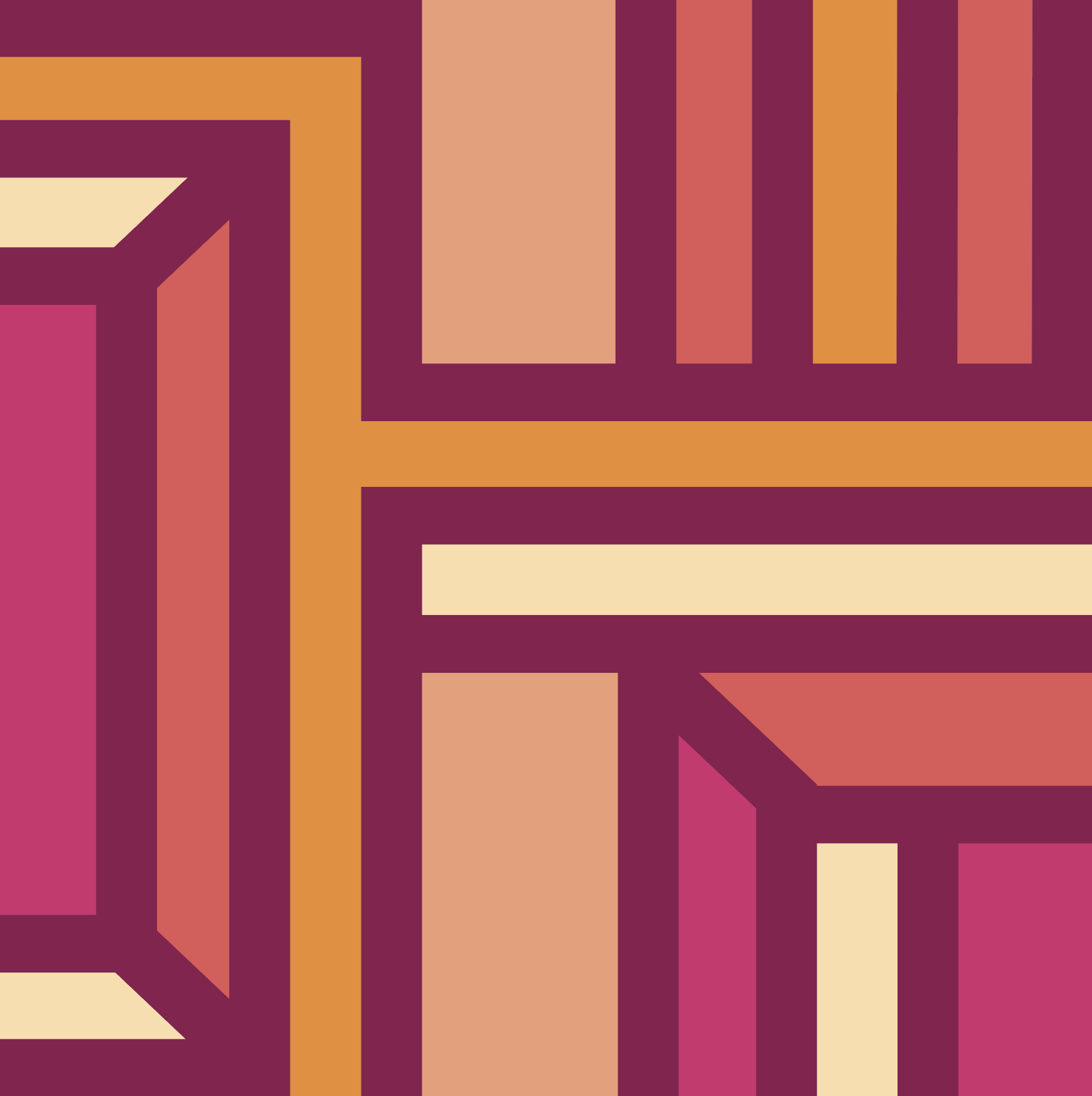 Contemporary geometric artwork with bold linear patterns and layered rectangular  forms in warm pink and orange tones.